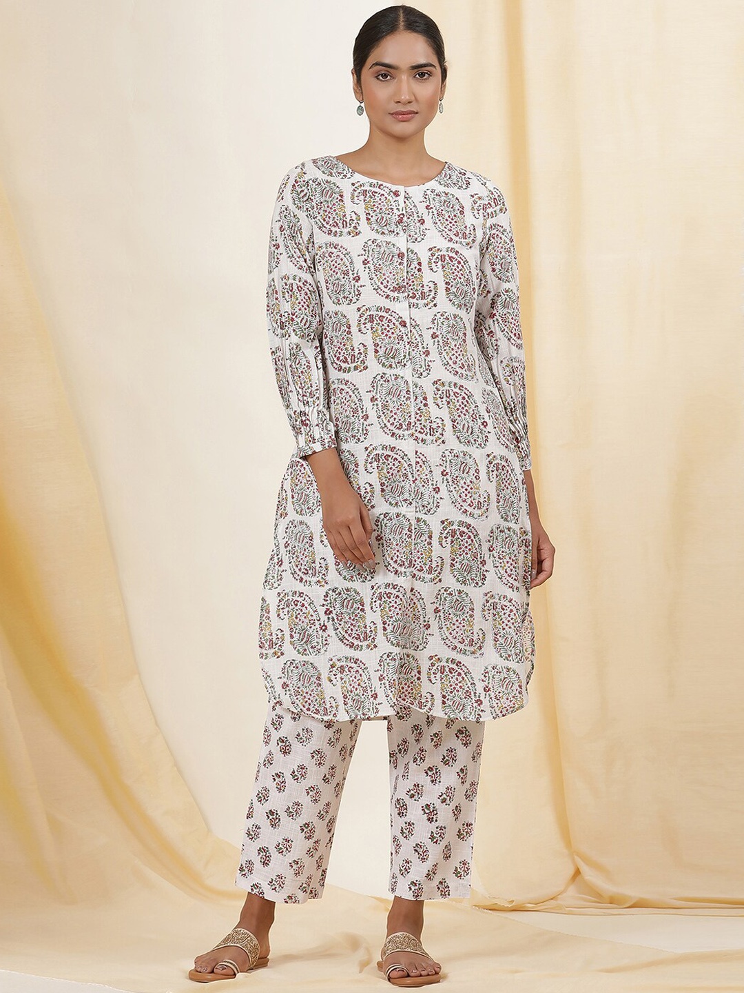 

W Paisley Printed Pure Cotton Straight Kurta with Trouser, White