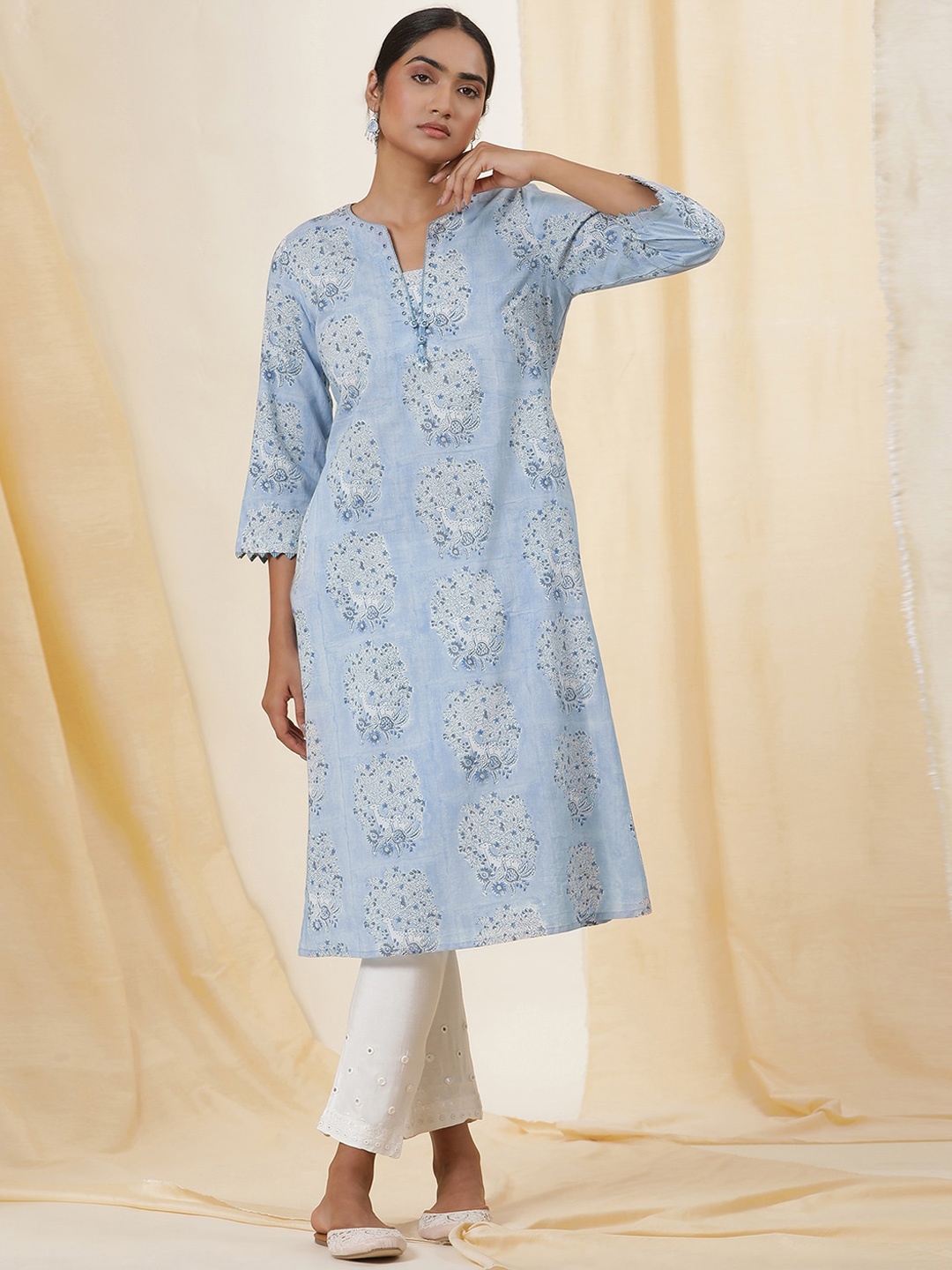 

W Floral Printed Notched Neck Straight Kurta, Blue
