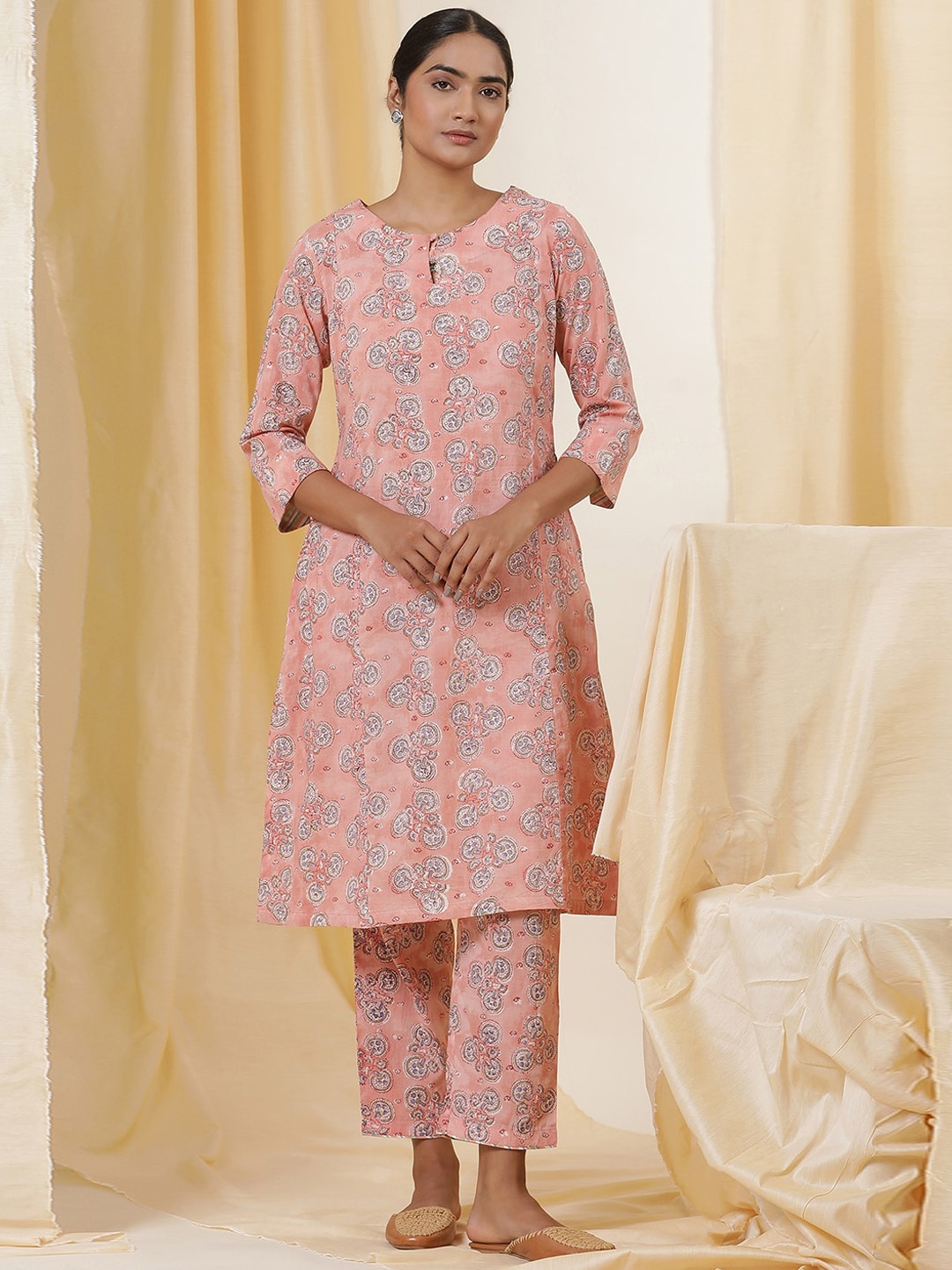 

W Floral Printed Regular Pure Cotton Straight Kurta with Trouser, Pink