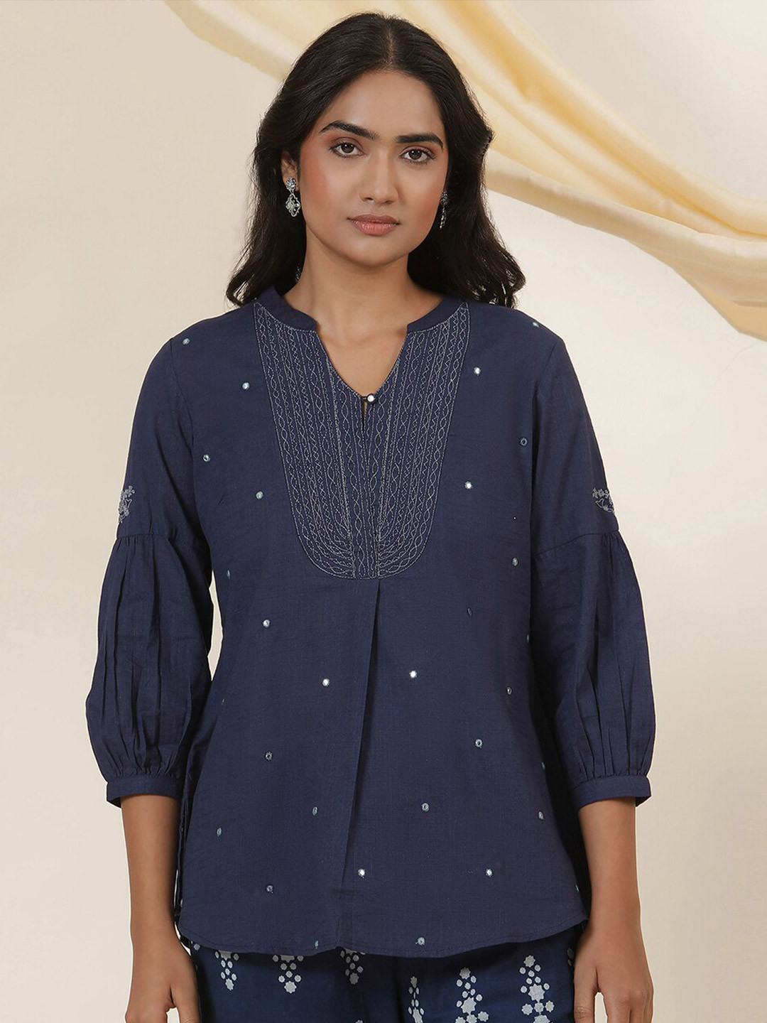 

W Embellished Mandarin Collar Cotton Top, Blue