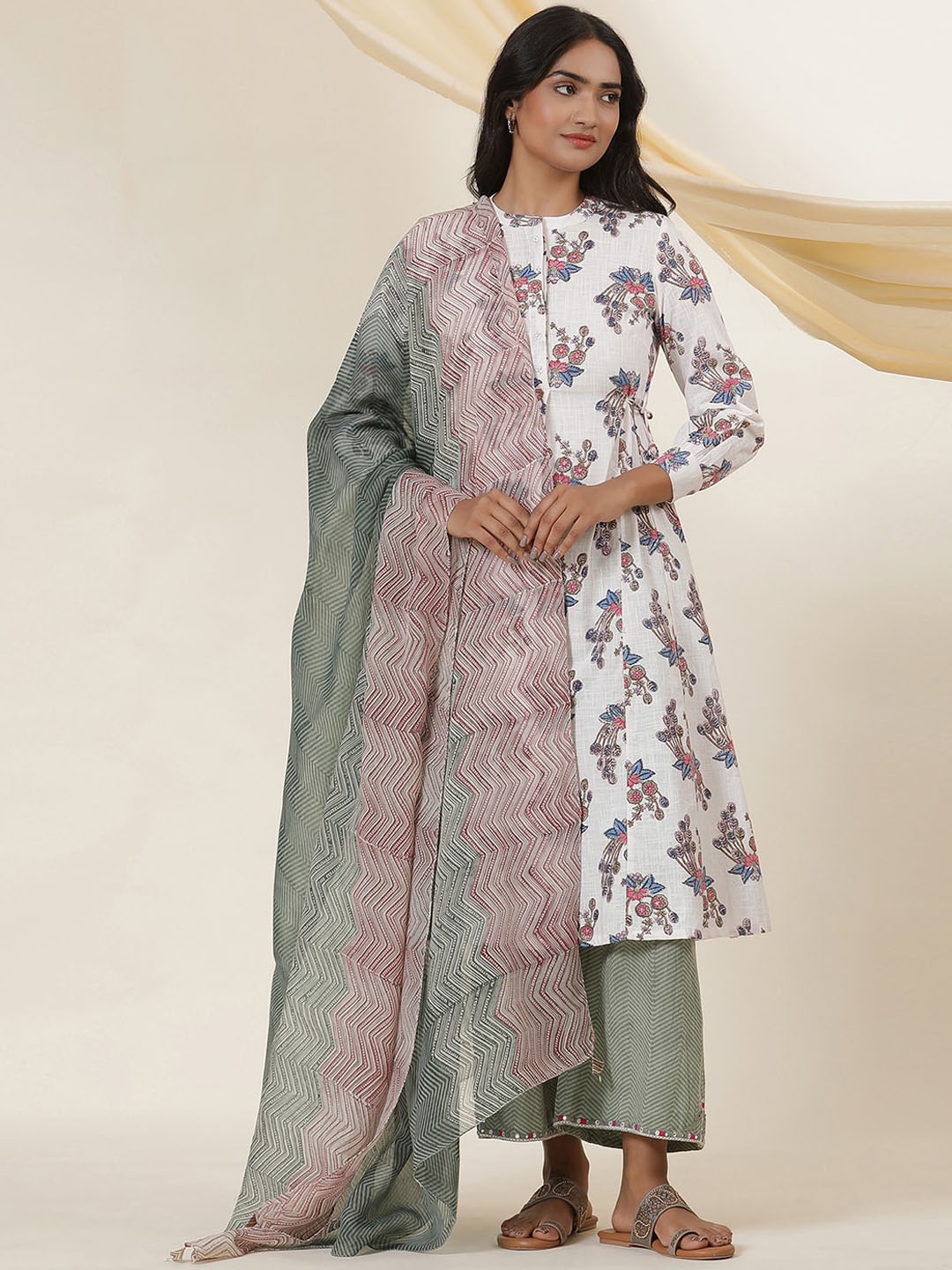 

W Floral Printed Keyhole Neck Flared Sleeves Mirror Work Anarkali Kurta, White
