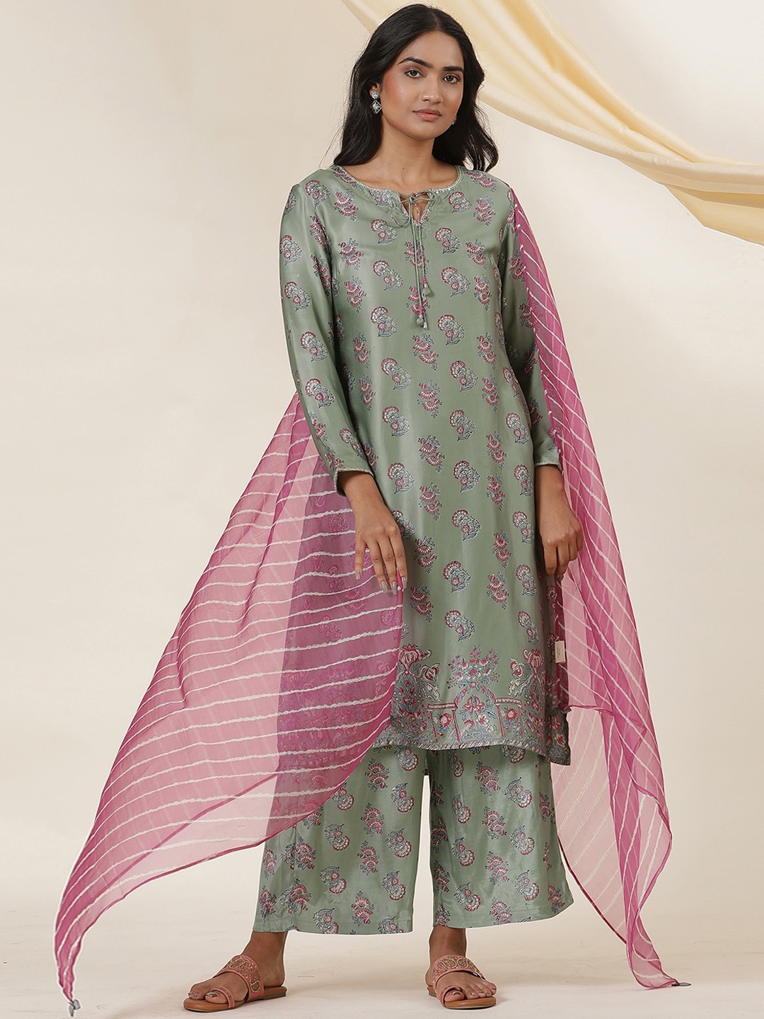 

W Floral Printed Tie-Up Neck Sequinned Straight Kurta, Green
