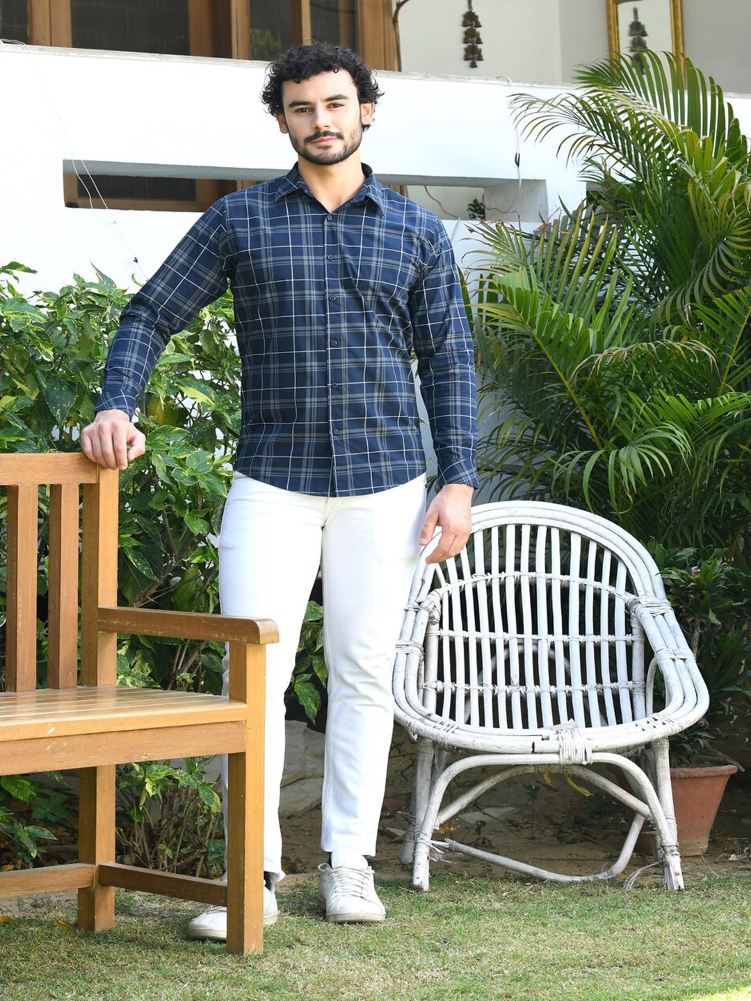 

HONNETE Tartan Checked Cotton Casual Shirt, Blue