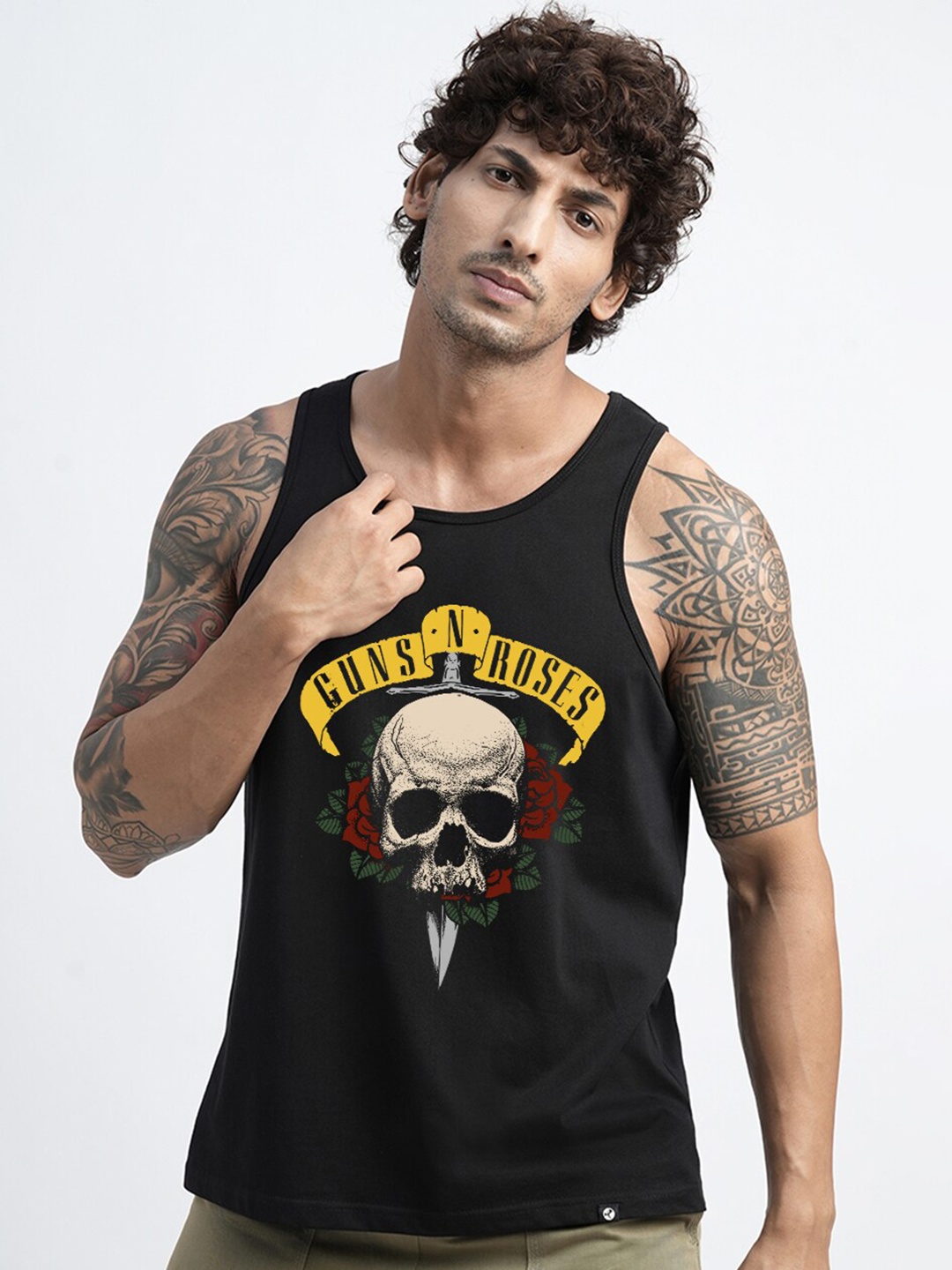 

PRONK Printed Cotton Innerwear Vest, Black