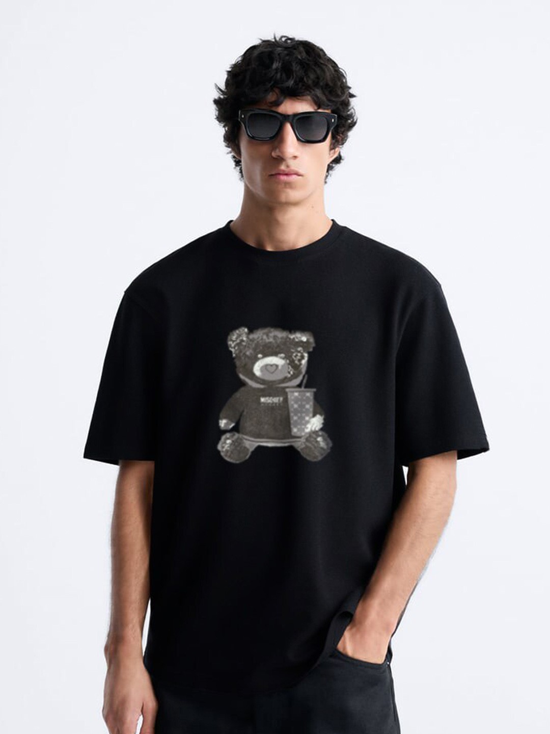 

MISCHIEF MONKEY Printed Round Neck Short Sleeves Cotton T-shirt, Black