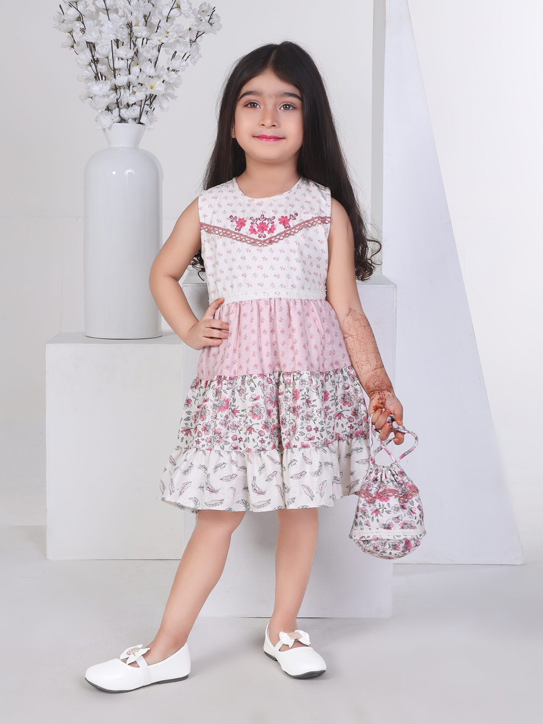 

Peppermint Girls Floral Printed Embroidered Tiered Fit & Flare Dress, Cream