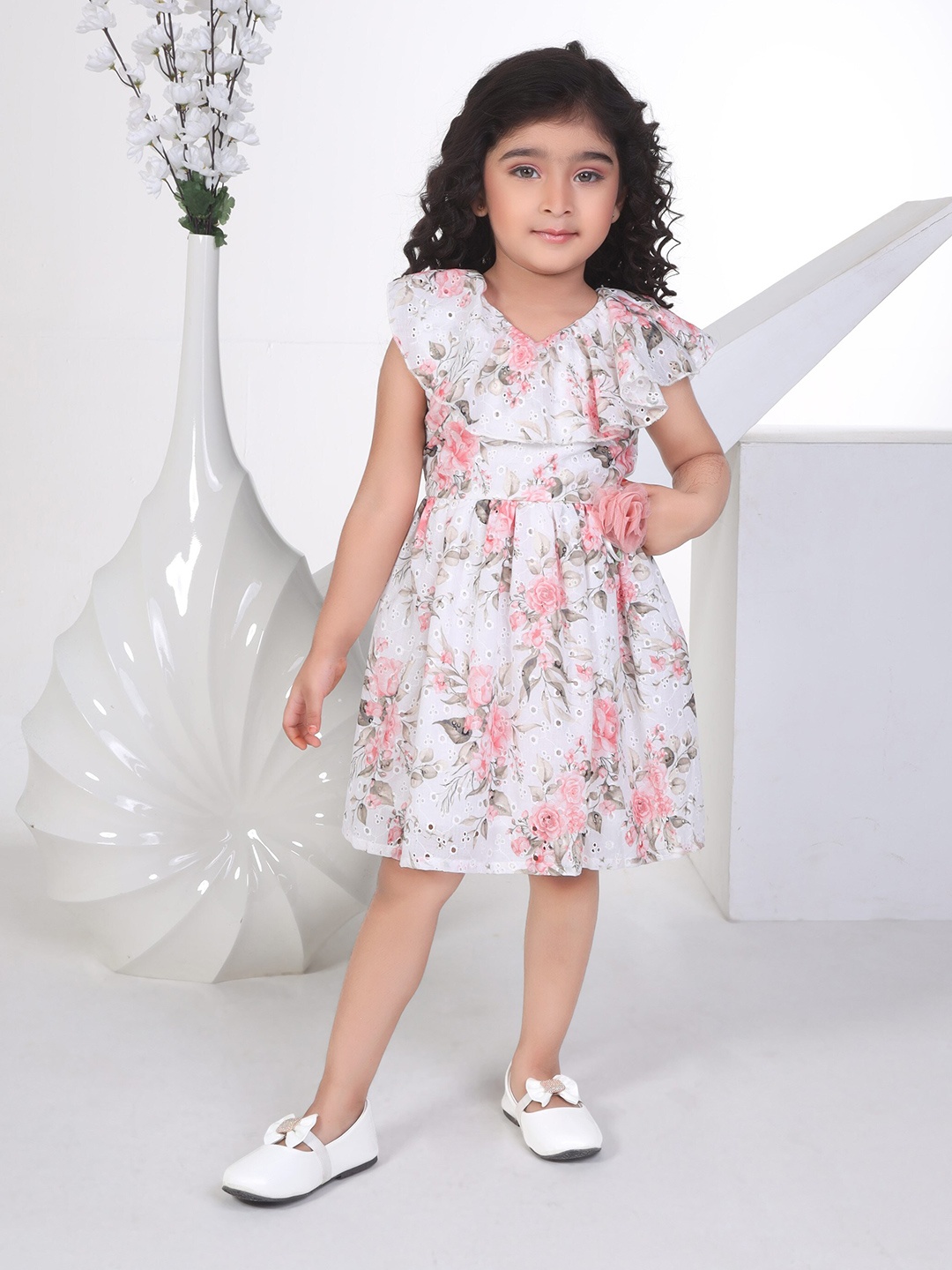 

Peppermint Girls Floral Printed Flutter Sleeves Gathered Schiffli Fit & Flare Dress, Peach