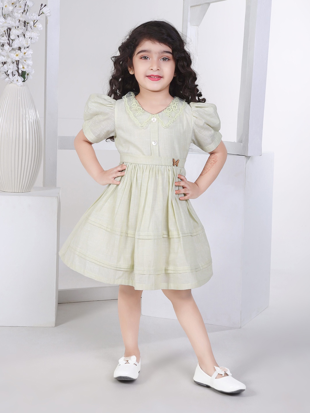 

Peppermint Girls Peter Pan Collar Puff Sleeves Fit & Flare Dress, Beige