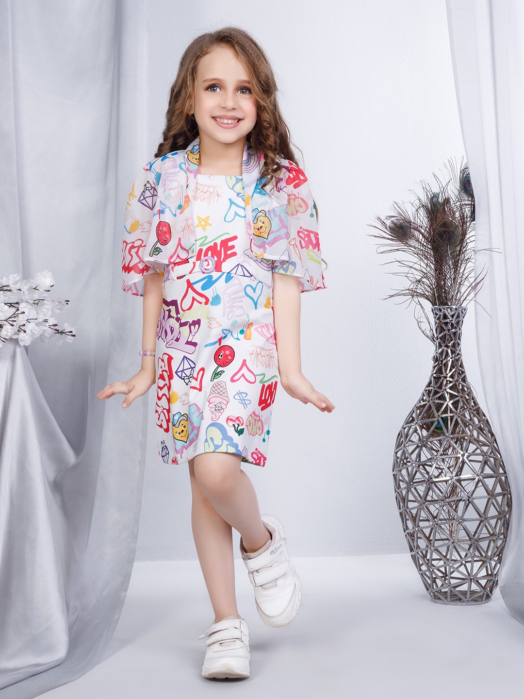

Peppermint Girls Printed Cape Sleeves A-Line Dress, White