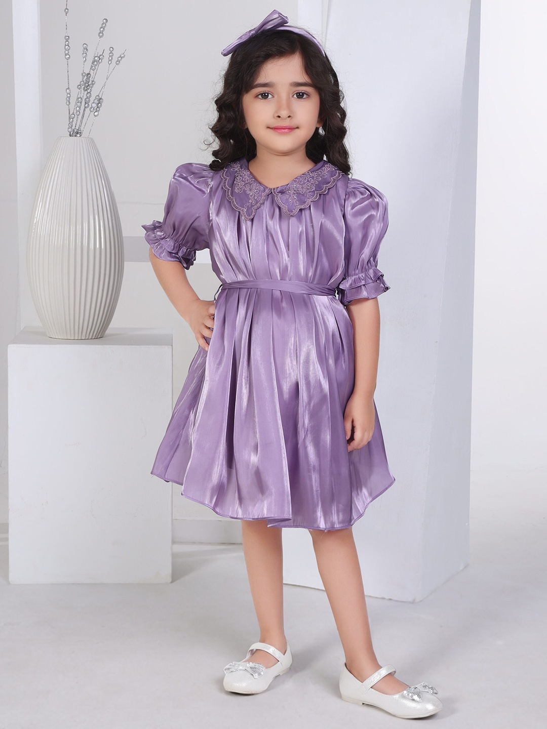 

Peppermint Girls Peter Pan Collar Puff Sleeves Blouson Dress, Purple