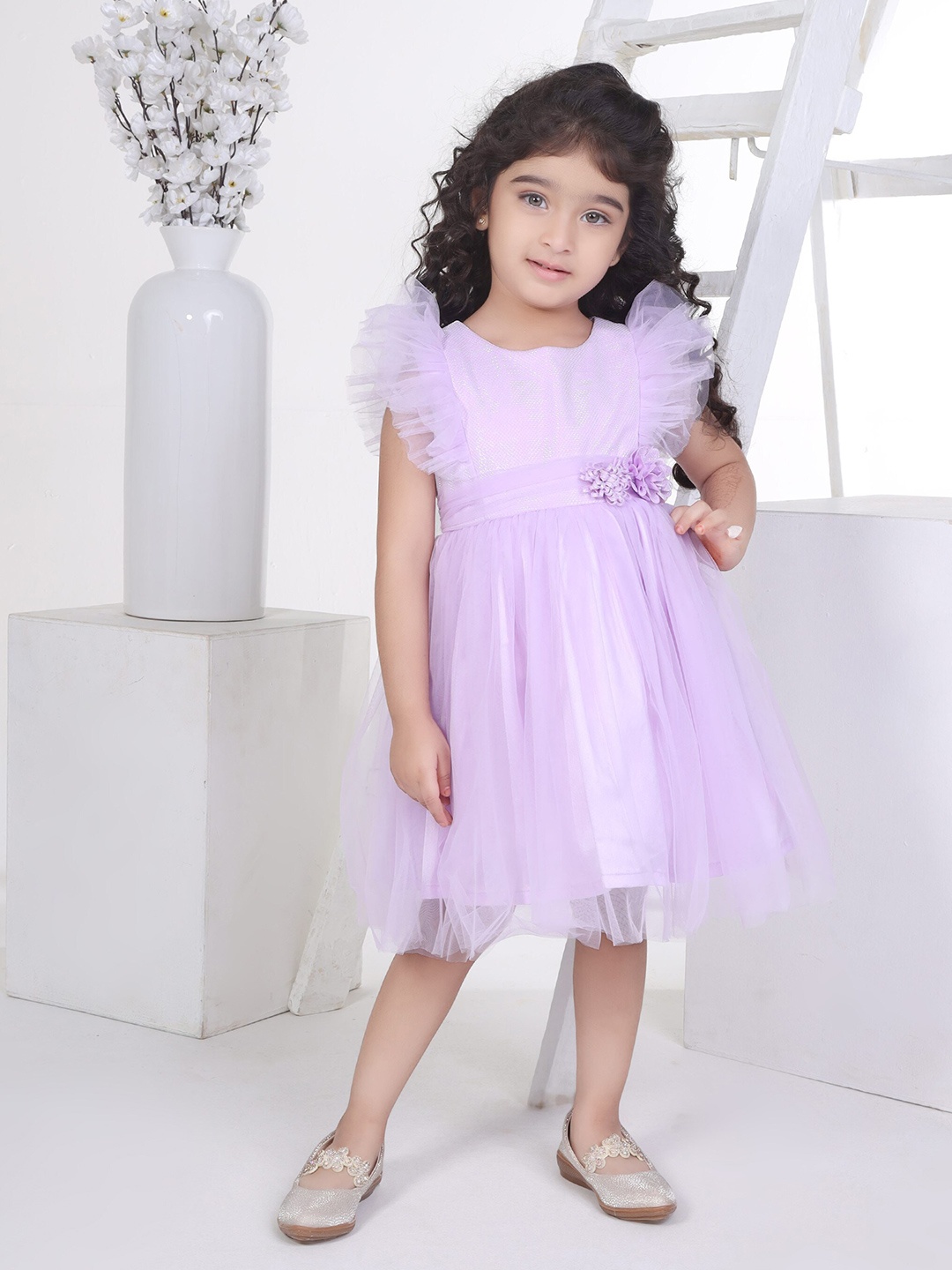 

Peppermint Girls Flutter Sleeve Net Fit & Flare Dress, Purple