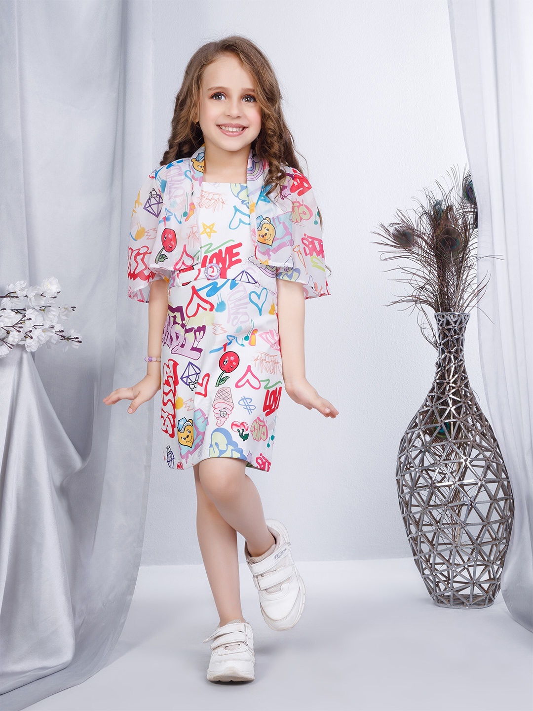 

Peppermint Perfect Print Girls printed Square neck flared sleeve A-Line Dress, White