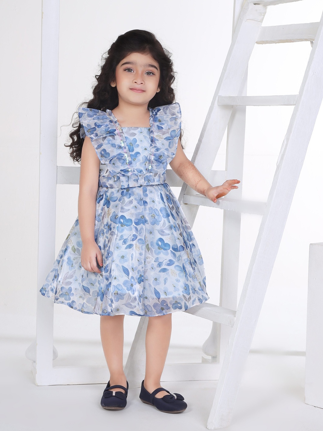 

Peppermint Girls Floral Printed Flutter Sleeves Ruffles Fit & Flare Dress, Blue