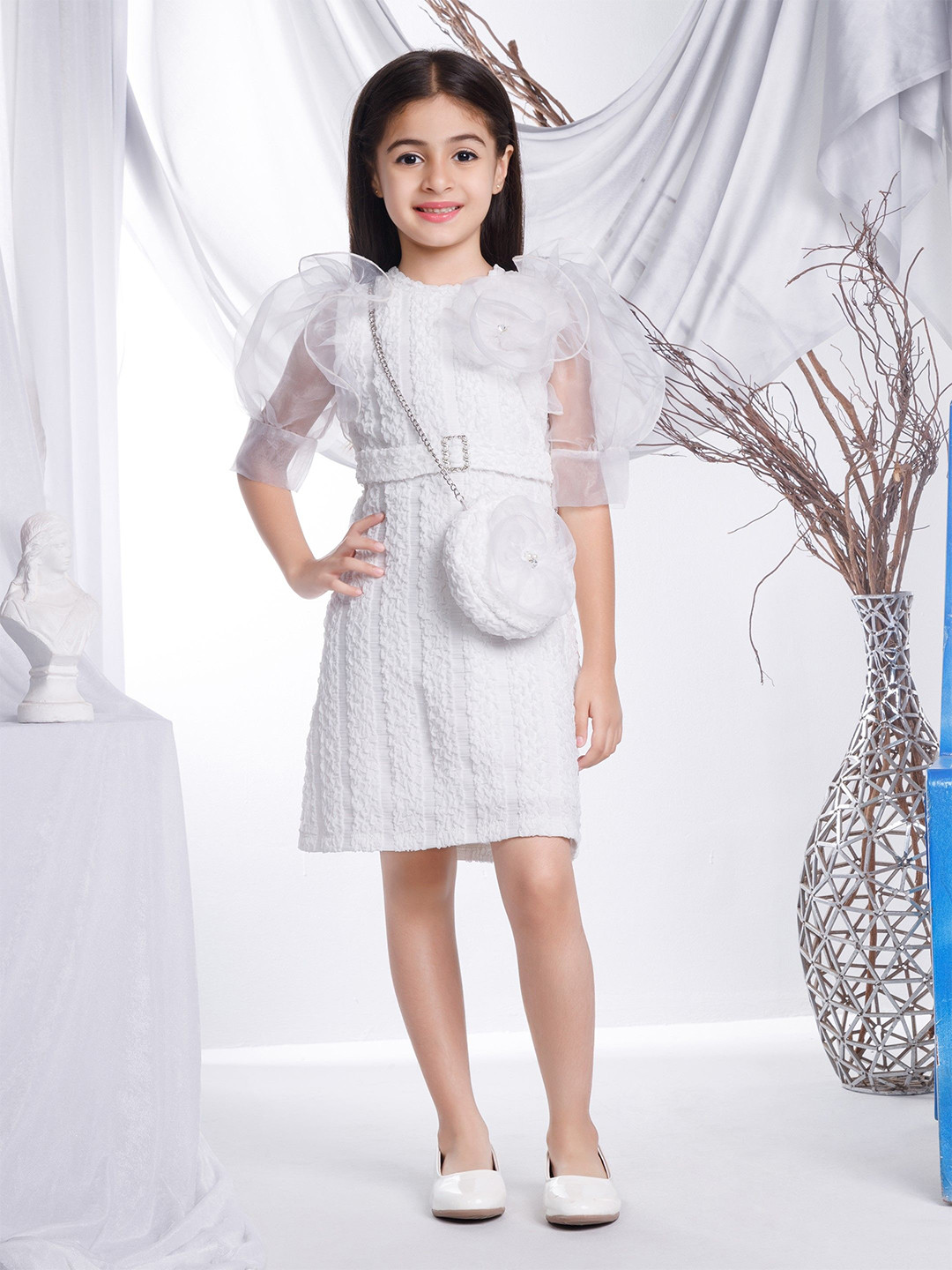 

Peppermint Girls Self Design Puff Sleeves Ruffles A-Line Dress, White