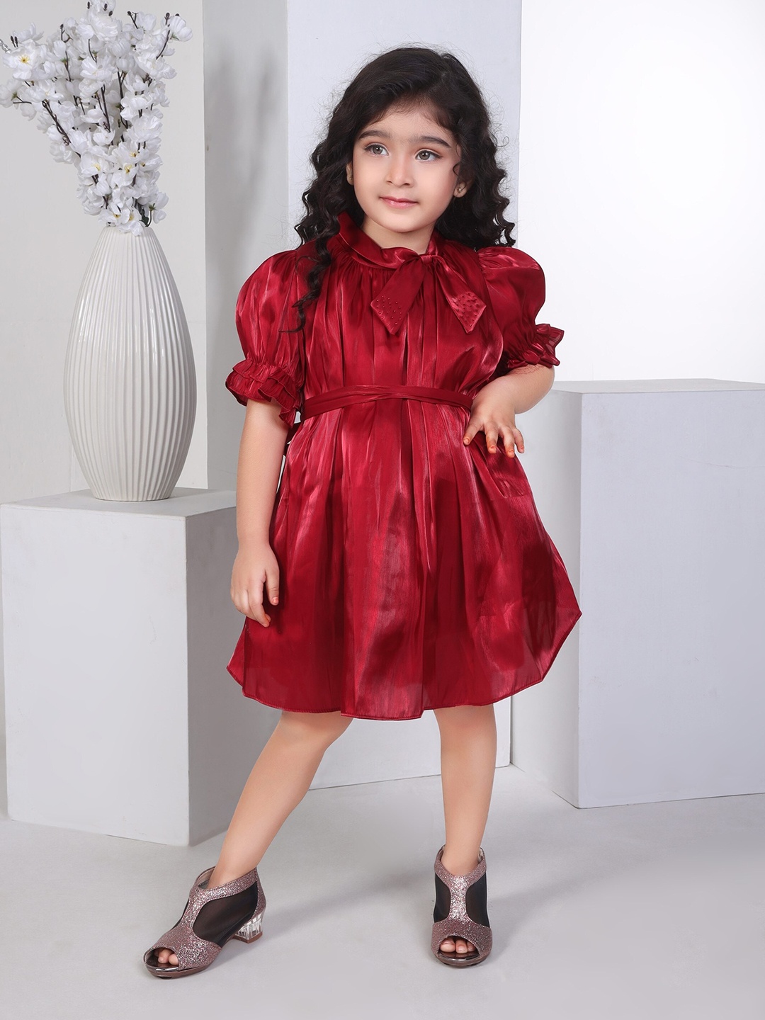 

Peppermint Girls Puff Sleeves Fit & Flare Dress, Maroon