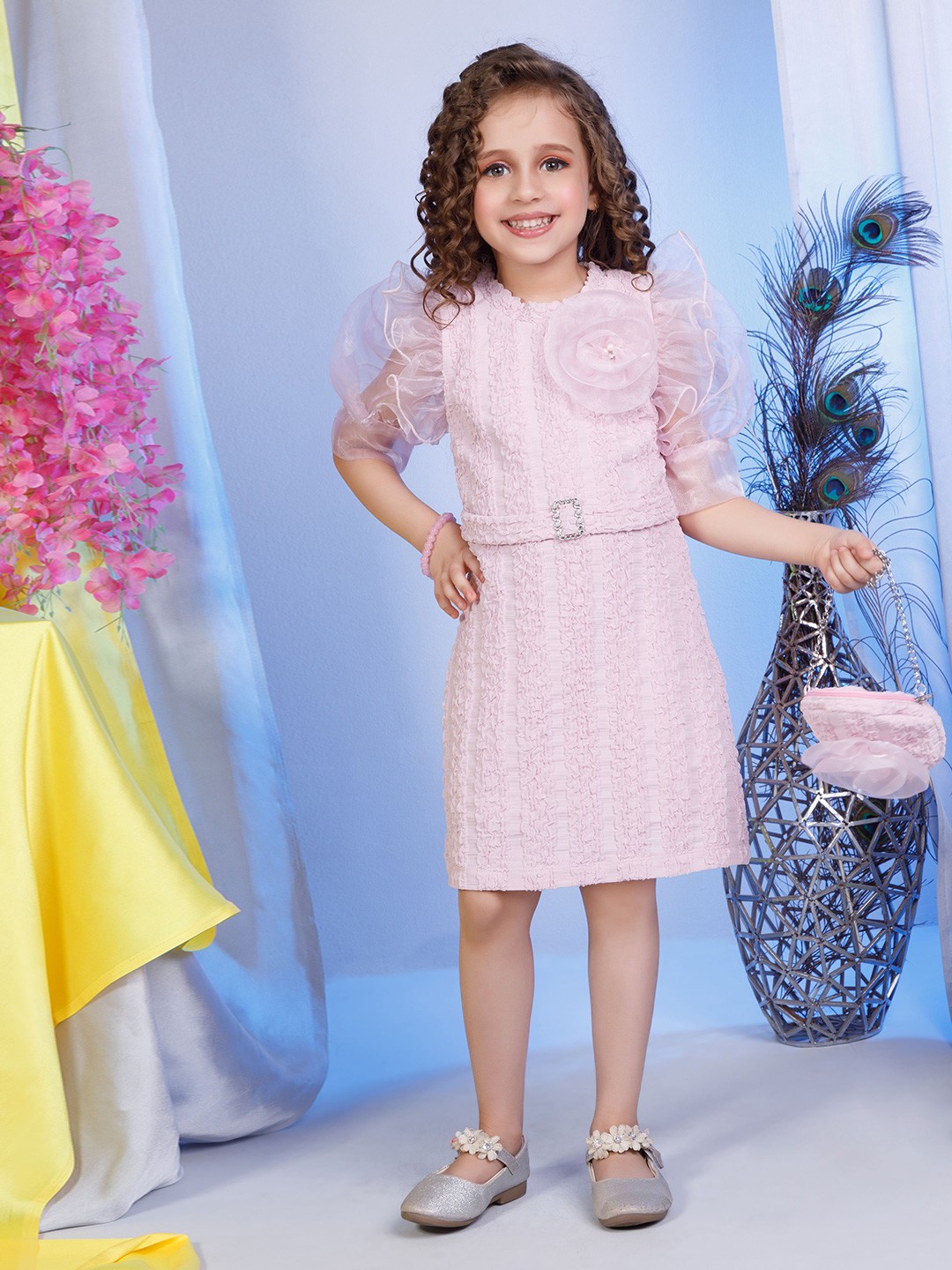 

Peppermint Girls Self Design Round Neck Fit & Flare Dress, Pink