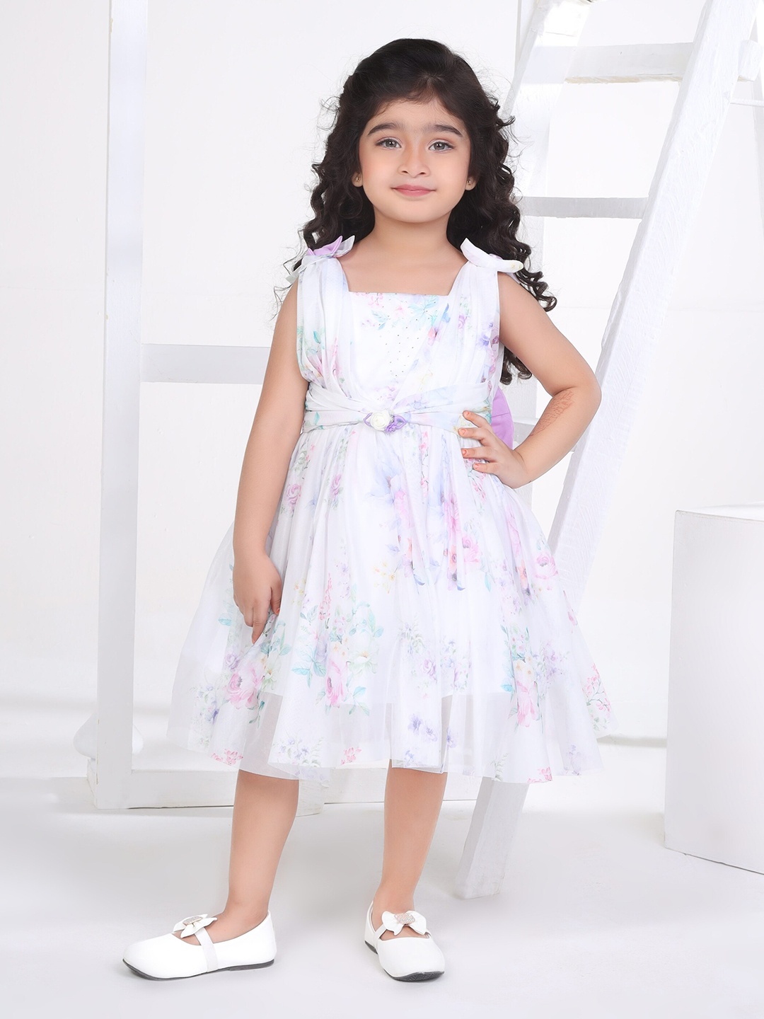 

Peppermint Girls Square Neck Sleeveless Floral Print Net Fit & Flare Dress, Purple