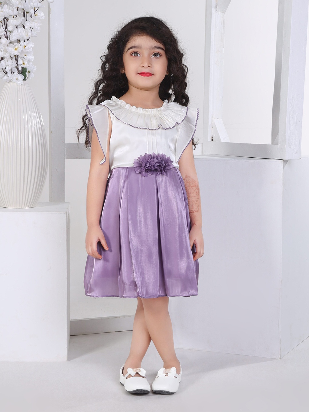 

Peppermint Girls Round Neck Cap Sleeves Print Fit & Flare Dress, Purple