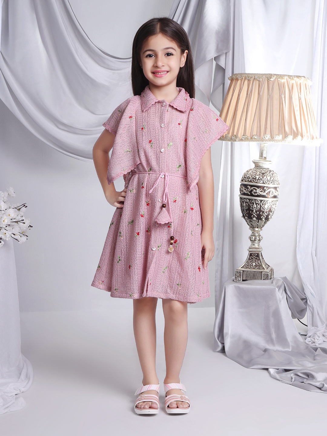 

Peppermint Stunning Flare Girls Floral Embroidered Flutter Sleeves Net Shirt Dress, Pink