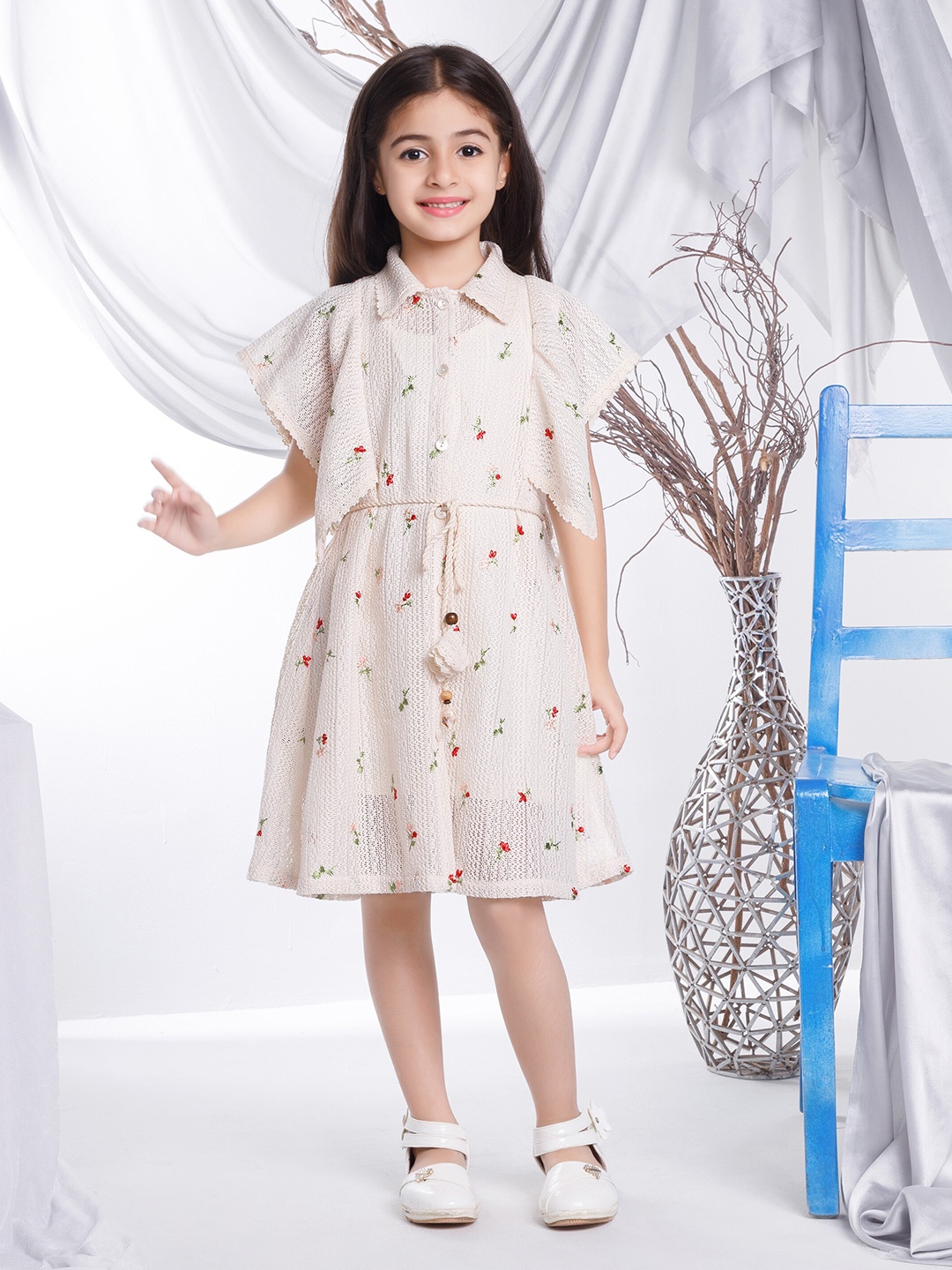 

Peppermint Girls Floral Printed Flared Sleeves Fit & Flare Dress, Beige