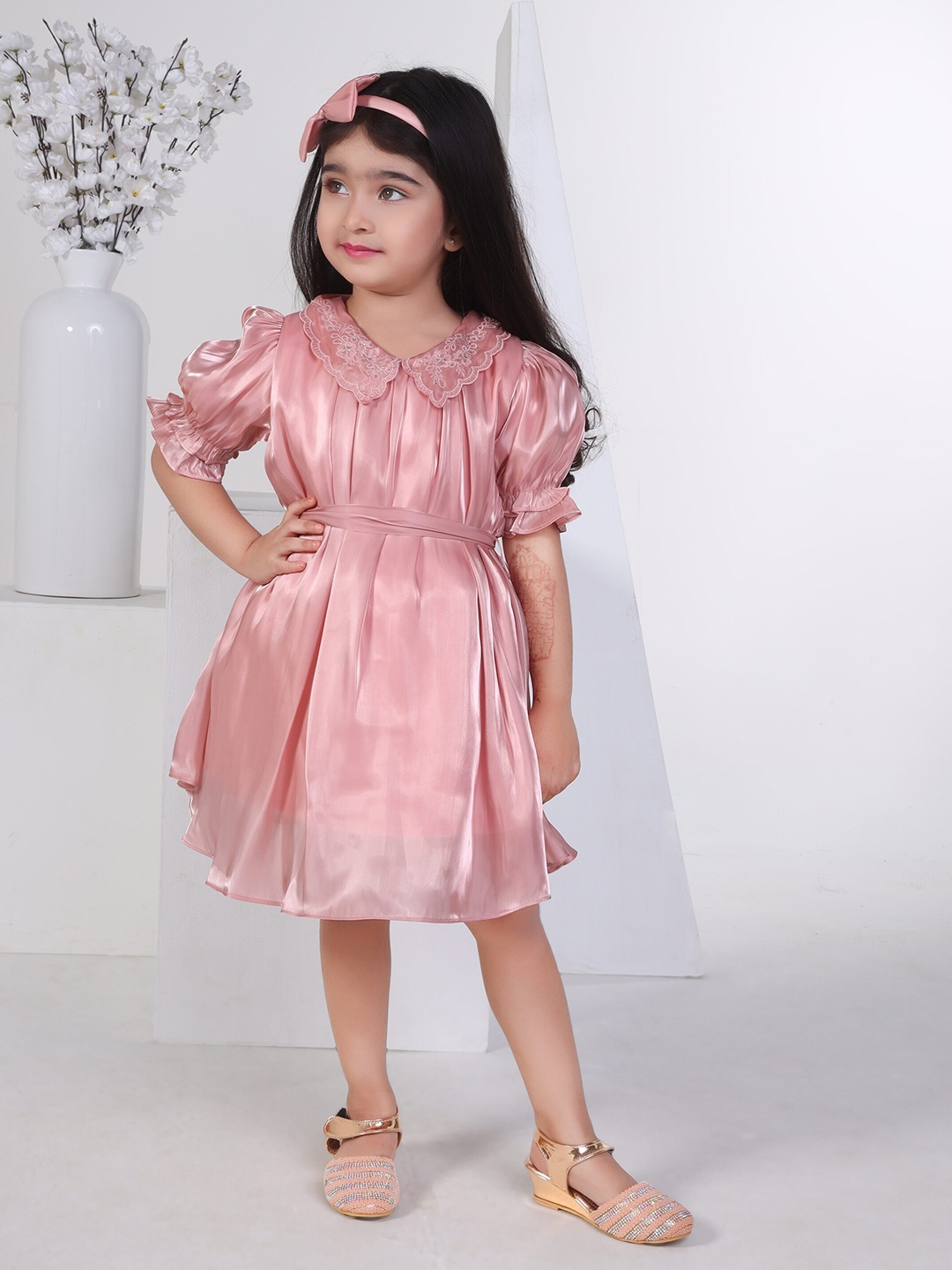 

Peppermint Pleasing Pearl Girls Peter Pan Collar Puff Sleeve Fit & Flare Dress, Peach