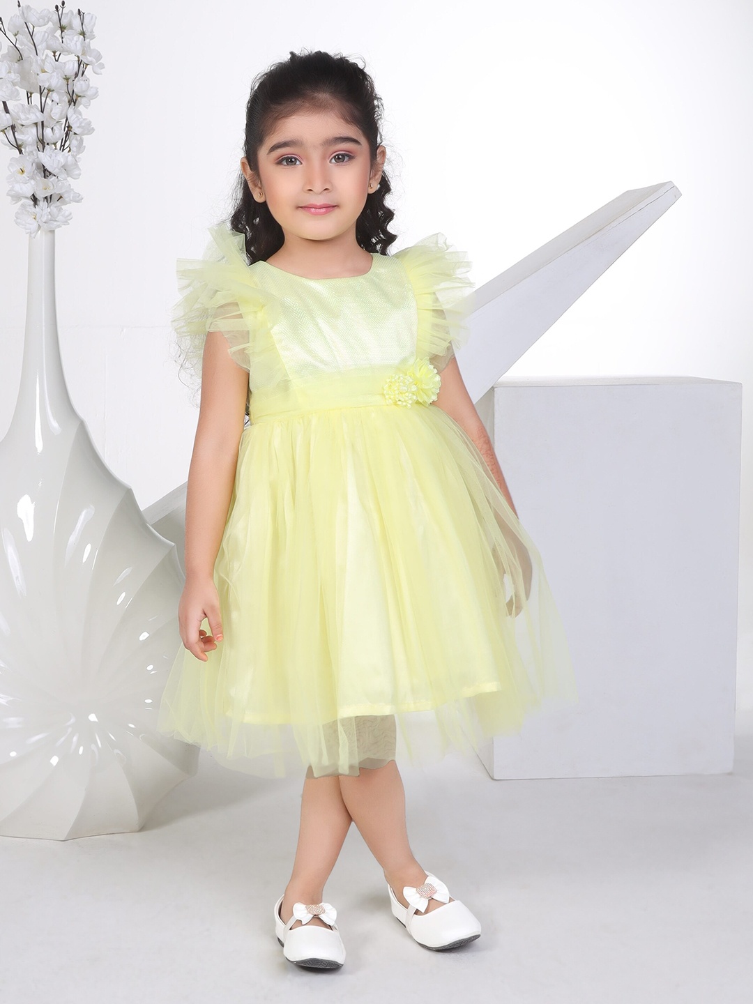 

Peppermint Girls Round Neck Flutter Sleeve Net Fit & Flare Dress, Yellow