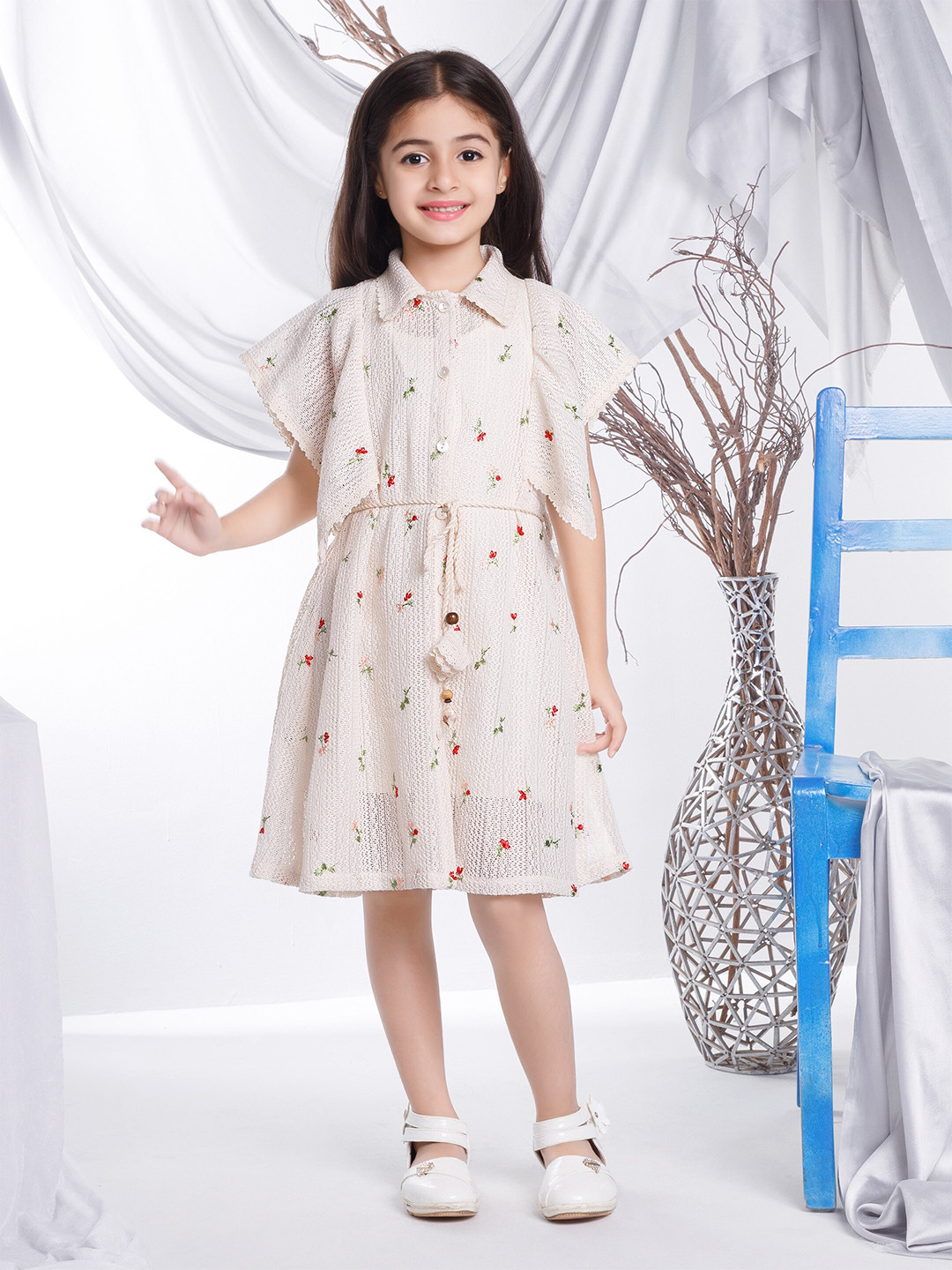 

Peppermint Girls Floral Embroidered Fit & Flare Dress With Belt, Beige