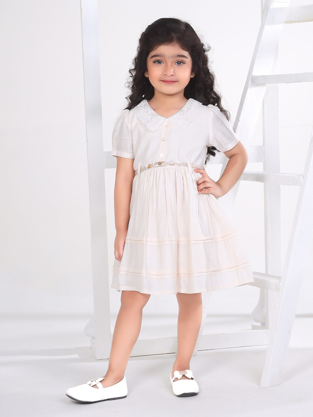 

Peppermint Earthy Essence Girls Peter Pan Collar Puff Sleeves Fit & Flare Dress, White