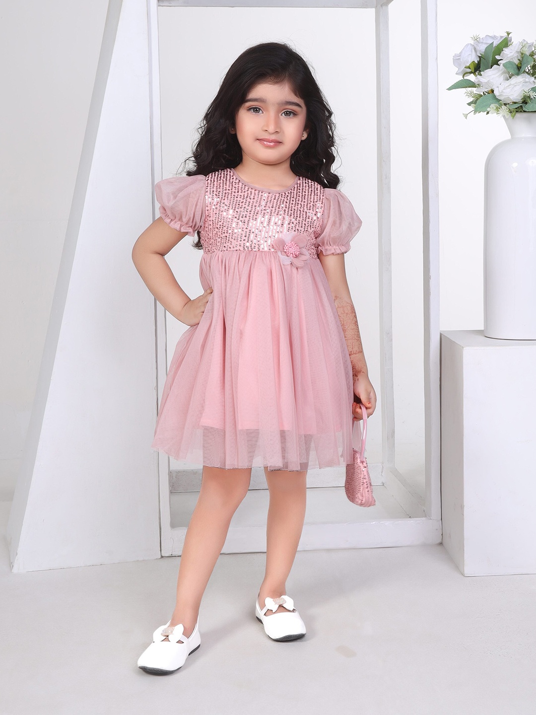 

Peppermint Girls Embellished Puff Sleeves Sequined Fit & Flare Dress, Peach