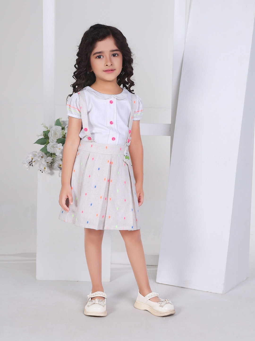 

Peppermint Light Bright Girls Printed Peter Pan Collar Puff Sleeves Fit & Flare Dress, Beige