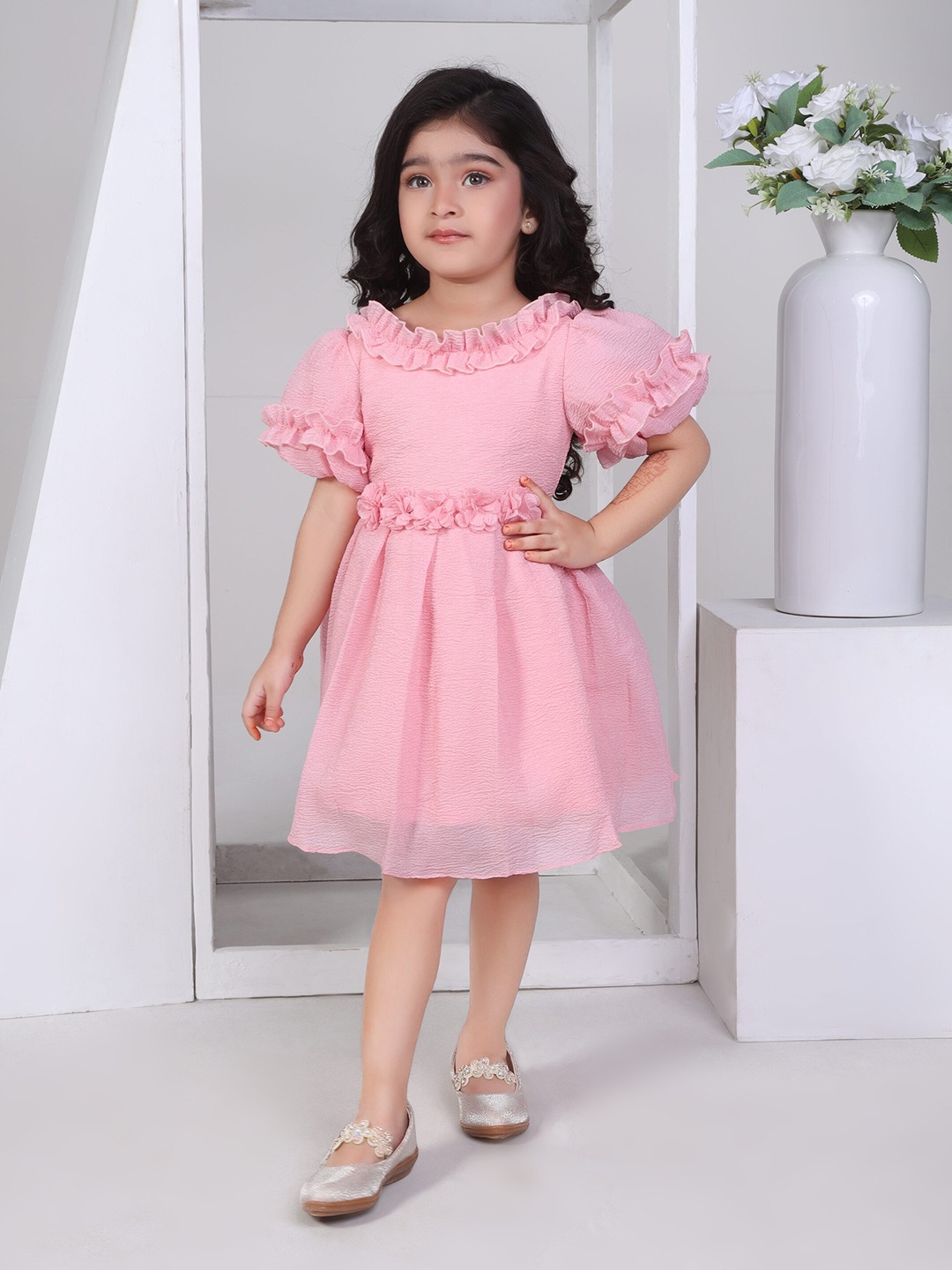 

Peppermint Girls Puff Sleeves Fit & Flare Dress, Peach