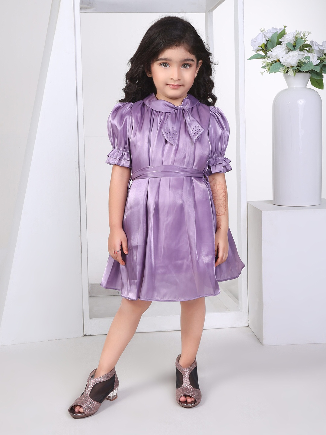 

Peppermint Garden Glory Girls Tie-Up Neck Puff Sleeve Fit & Flare Dress, Purple