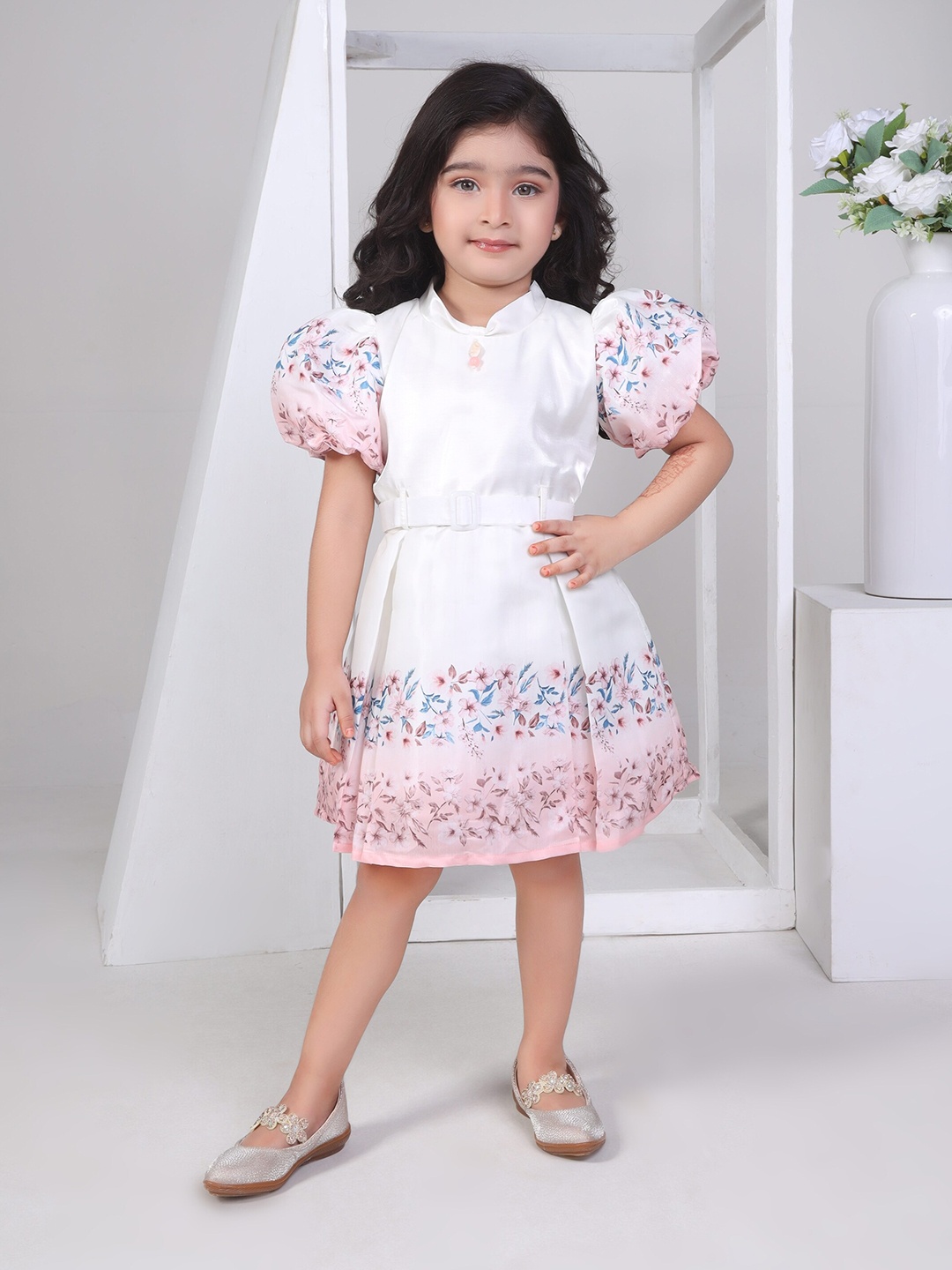 

Peppermint Girls Floral Printed Puff Sleeves Fit & Flare Dress, Cream