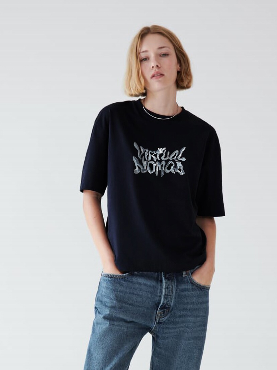 

MISCHIEF MONKEY Printed Round Neck Short Sleeves Cotton T-shirt, Black
