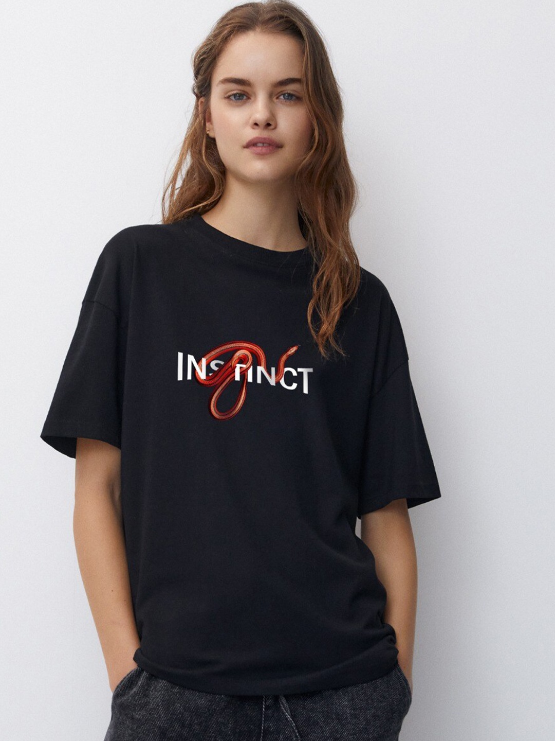 

MISCHIEF MONKEY Printed Round Neck Short Sleeves Cotton T-shirt, Black