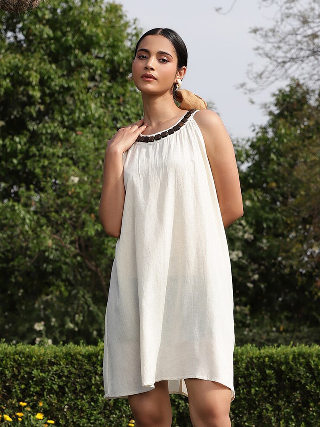 

QUEENLEY Halter Neck Cotton A-Line Dress, Cream