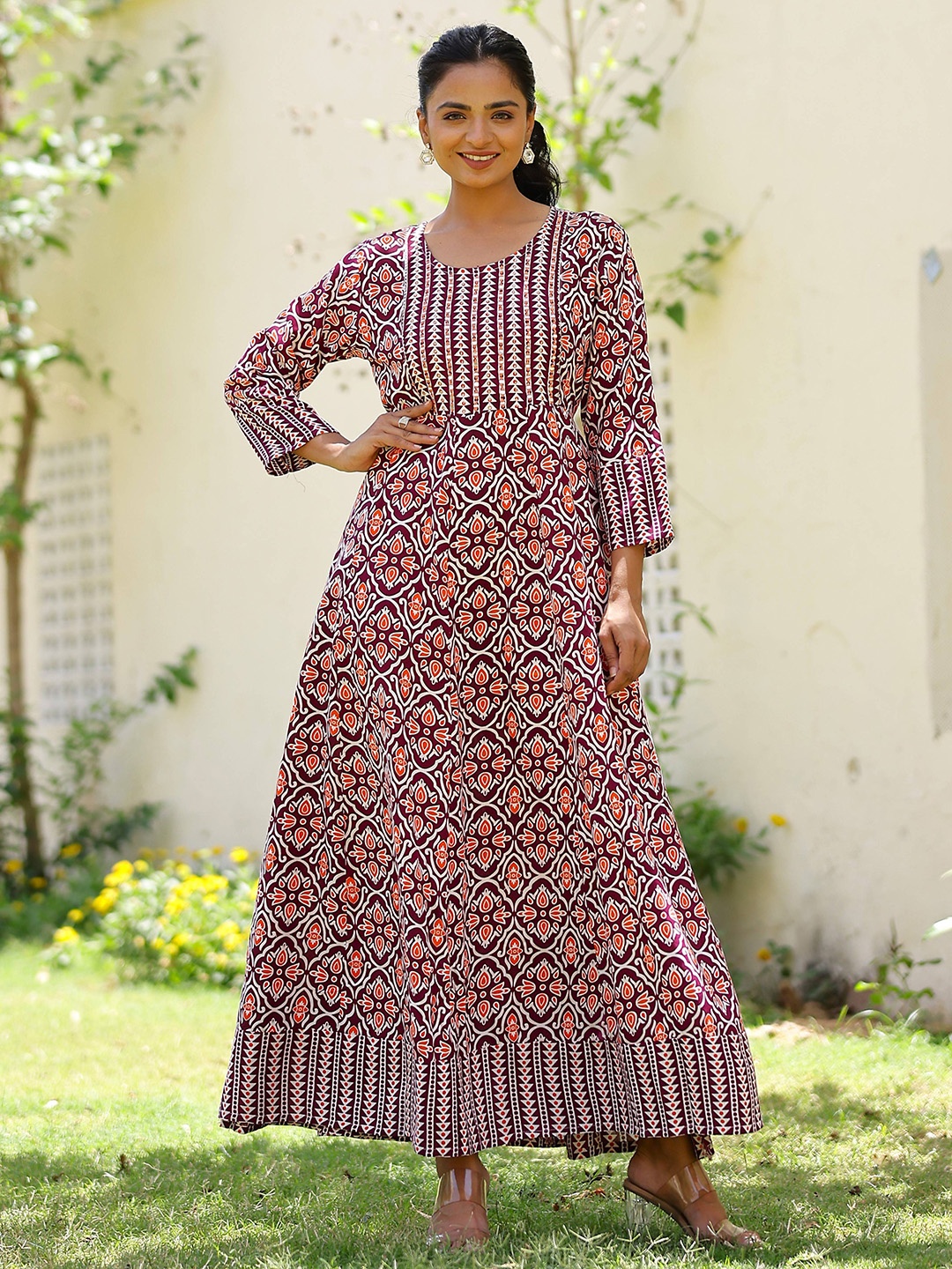 

mokshi Ethnic Motifs Motif Printed Round Neck Maxi Ethnic Dress, Maroon