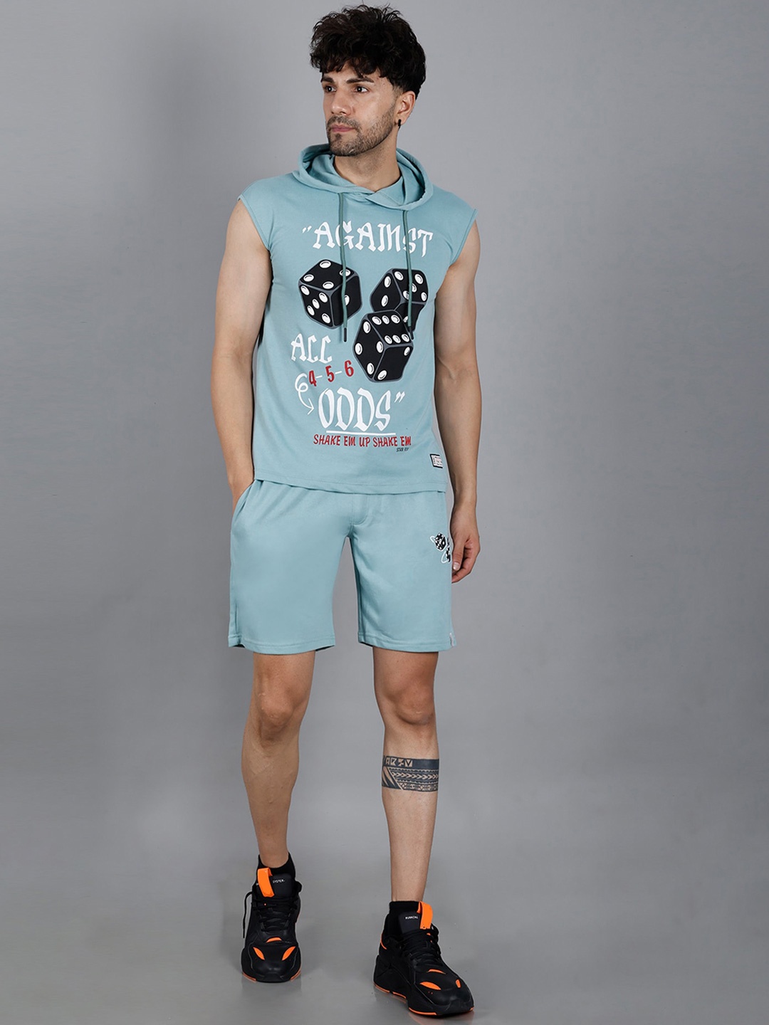 Men Graphic Printed Hooded Sports T-shirt with Shorts, Sea green