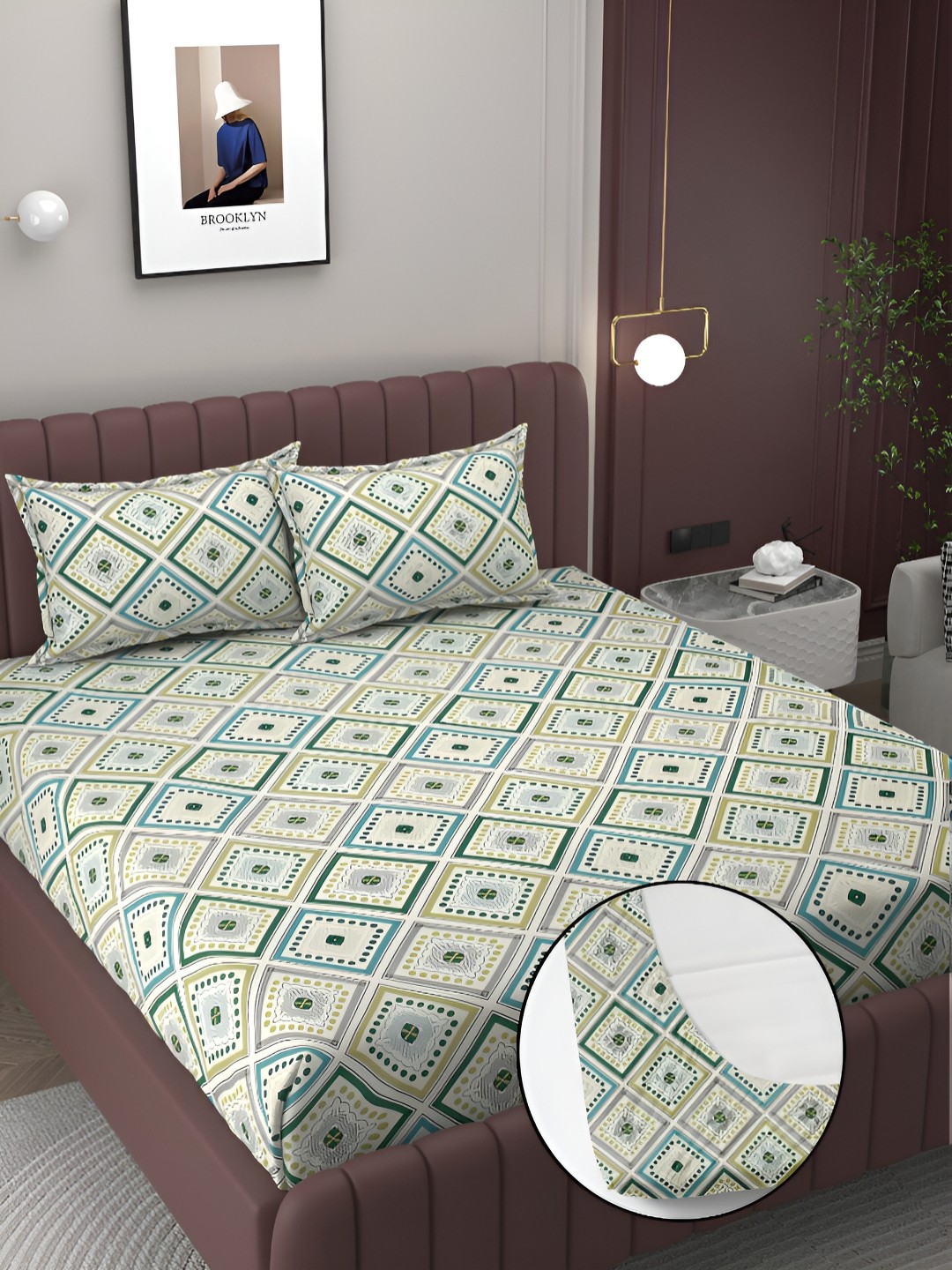 

BELVOSTUM Green Ethnic Motifs Cotton 180 TC King Fitted Bedsheet With 2 Pillow Covers