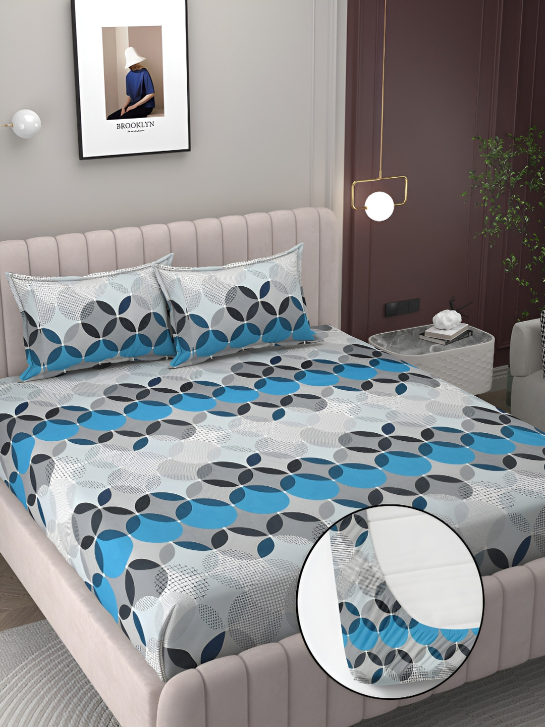 

BELVOSTUM Blue & Grey Geometric Cotton 180 TC King Fitted Bedsheet With 2 Pillow Covers