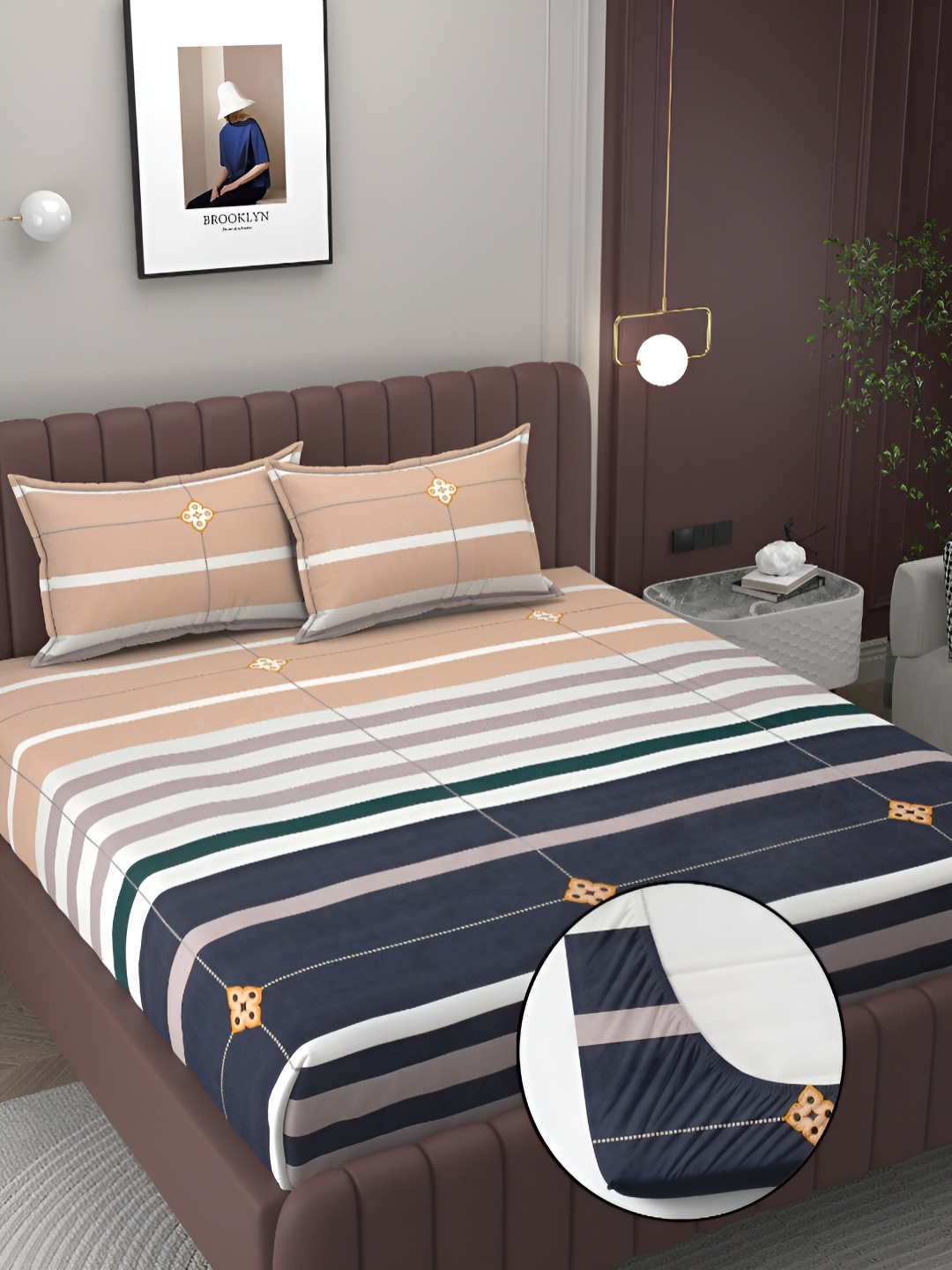 

BELVOSTUM Peach Striped Cotton 180 TC King Fitted Bedsheet With 2 Pillow Covers