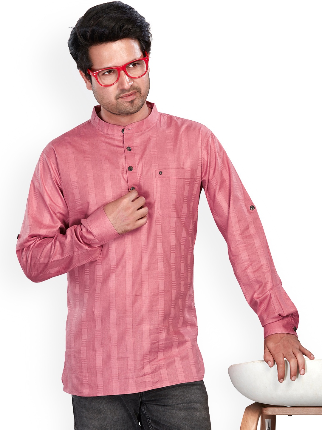 

Authentics Woven Design Mandarin Collar Pure Cotton Kurta, Pink
