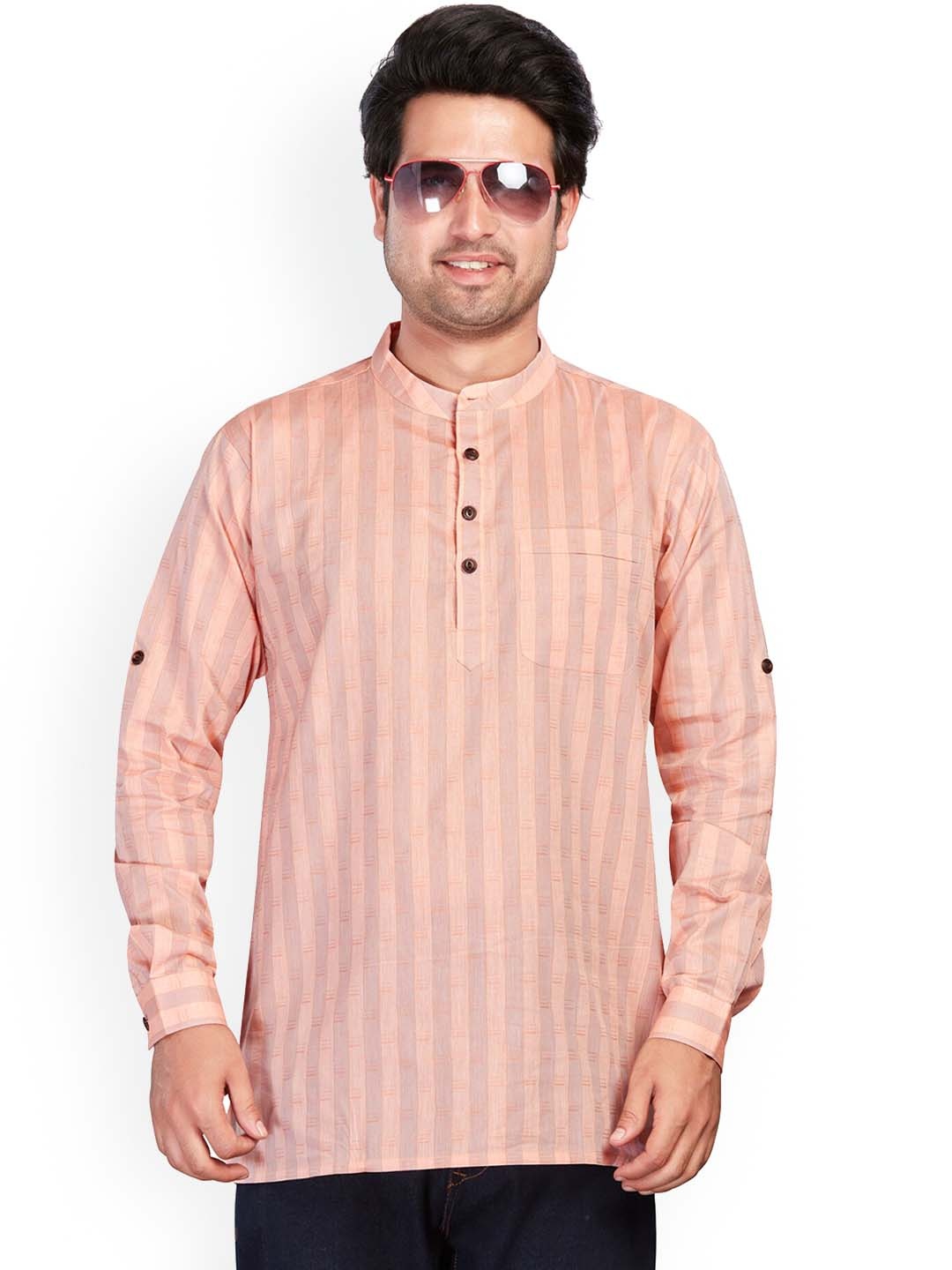 

Authentics Mandarin Collar Pure Cotton Thread Work Straight Short Kurta, Orange