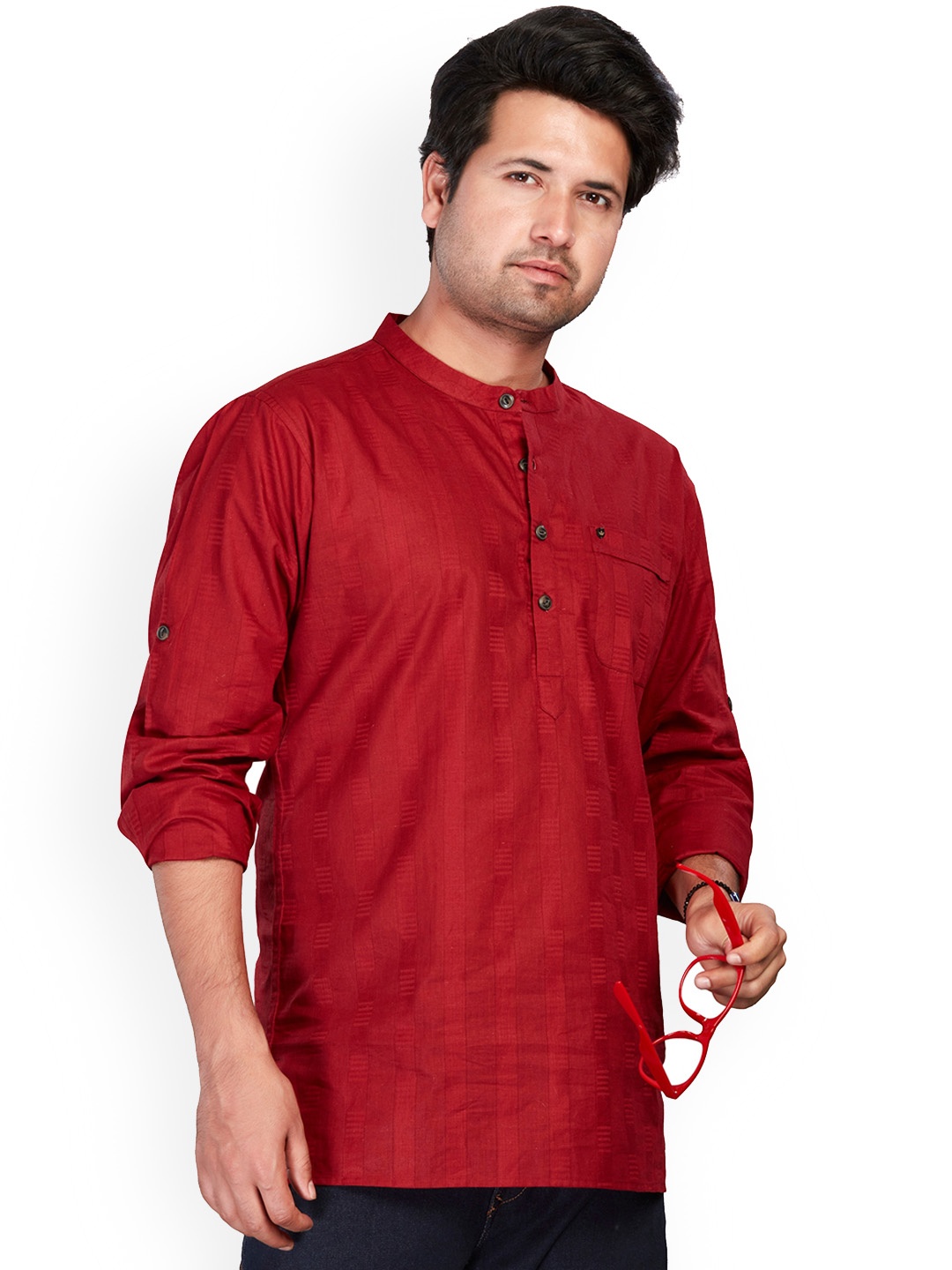 

Authentics Pure Cotton Mandarin Collar Thread Work Straight Short Kurta, Maroon