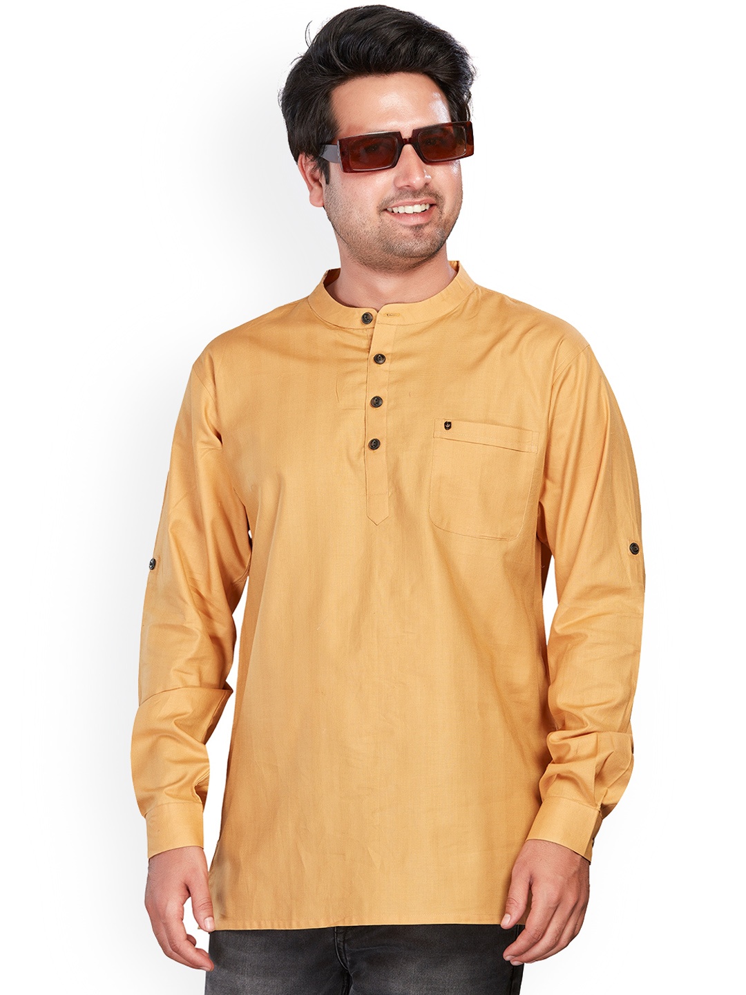 

Authentics Mandarin Collar Thread Work Pure Cotton Straight Short Kurta, Khaki