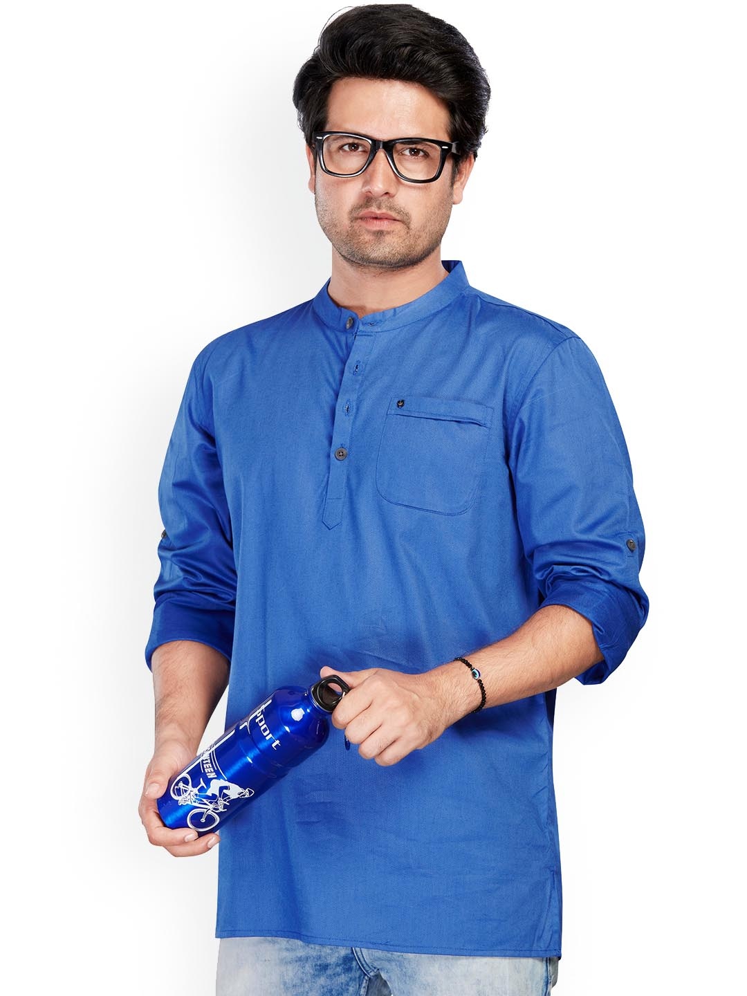 

Authentics Cotton Thread Work Mandarin Collar Straight Short Kurta, Blue