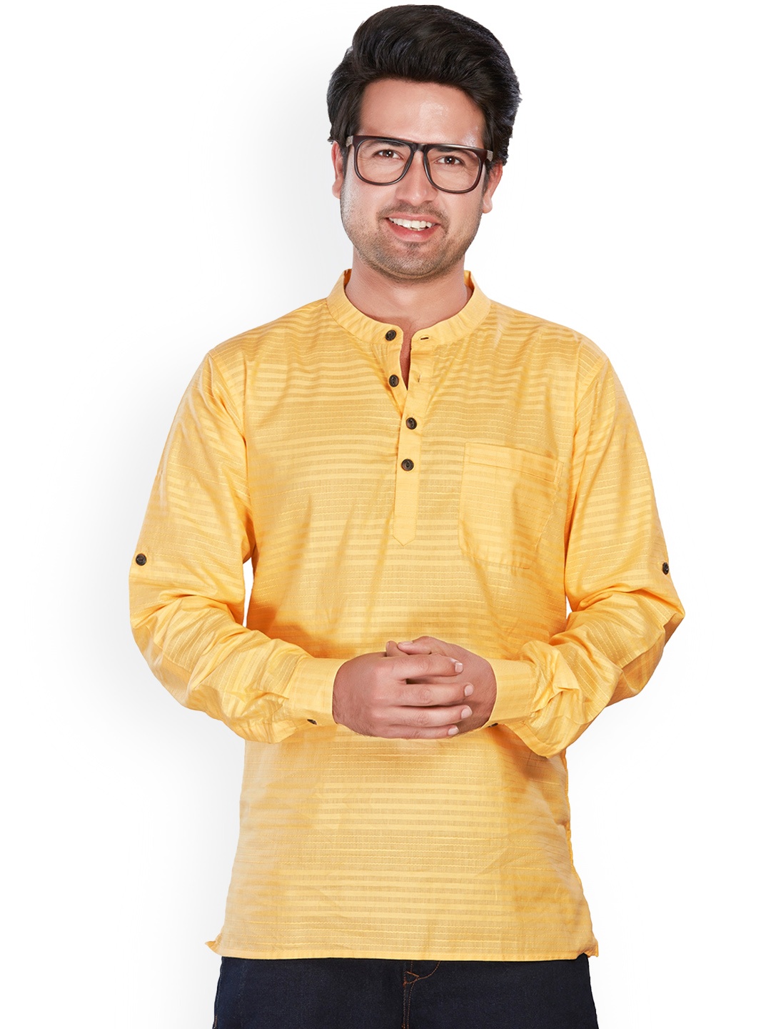 

Authentics Striped Mandarin Collar Pure Cotton Kurta, Yellow