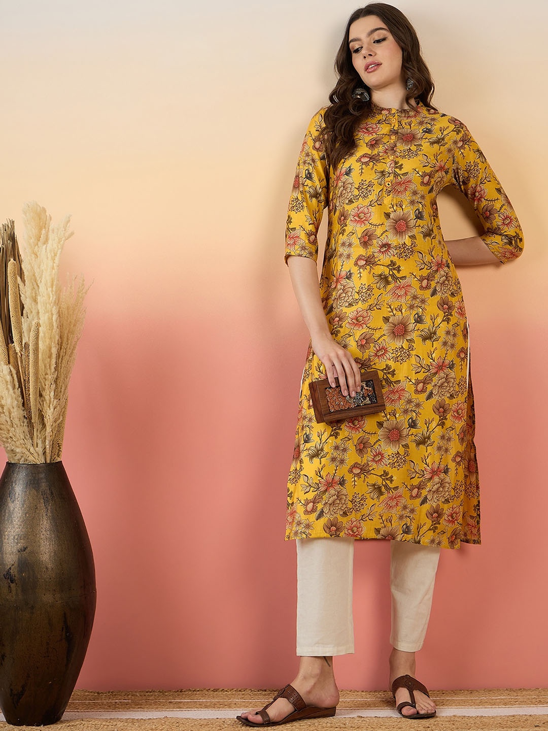 

Anouk Yellow Floral Printed Mirror Work Mandarin Collar Silk Chanderi Kurta