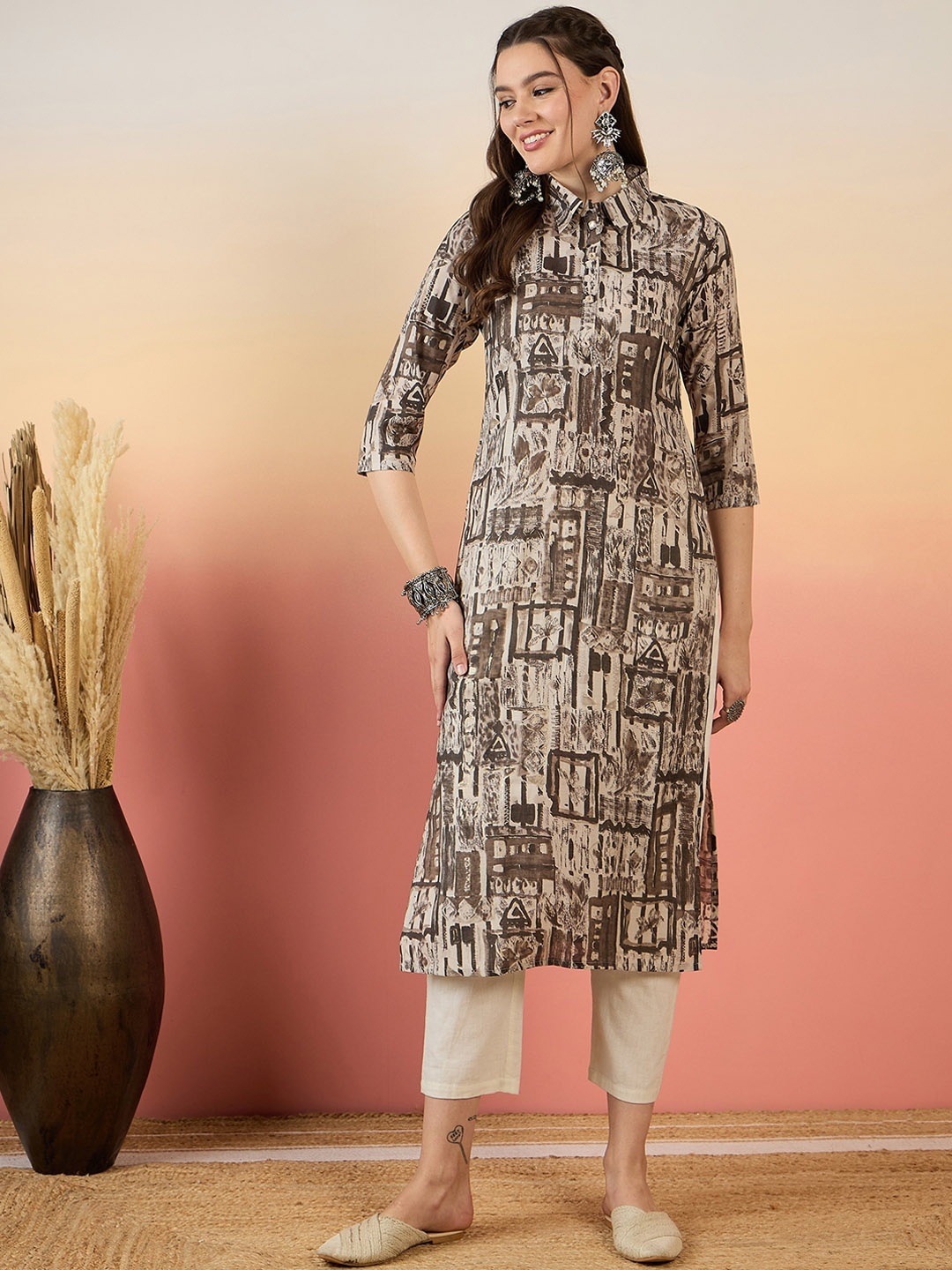 

Anouk Brown Abstract Printed Shirt Collar Silk Chanderi Kurta