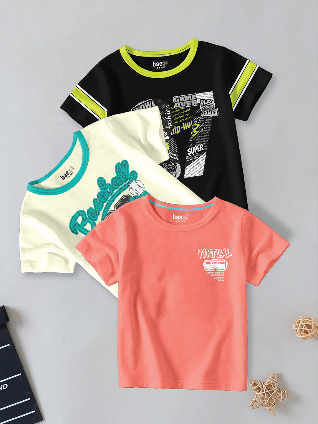 

BAESD Boys Pack Of 3 Typography Printed Round Neck Cotton T-shirt, Black